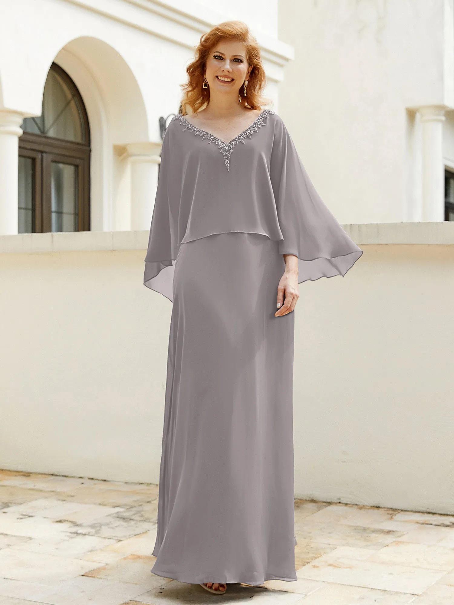 A-Line Flutter Cape Sleeves Dress with Beaded V-neck-Silver