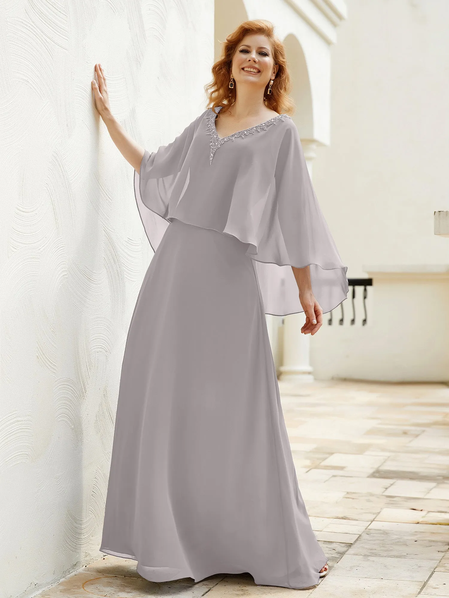 A-Line Flutter Cape Sleeves Dress with Beaded V-neck-Silver