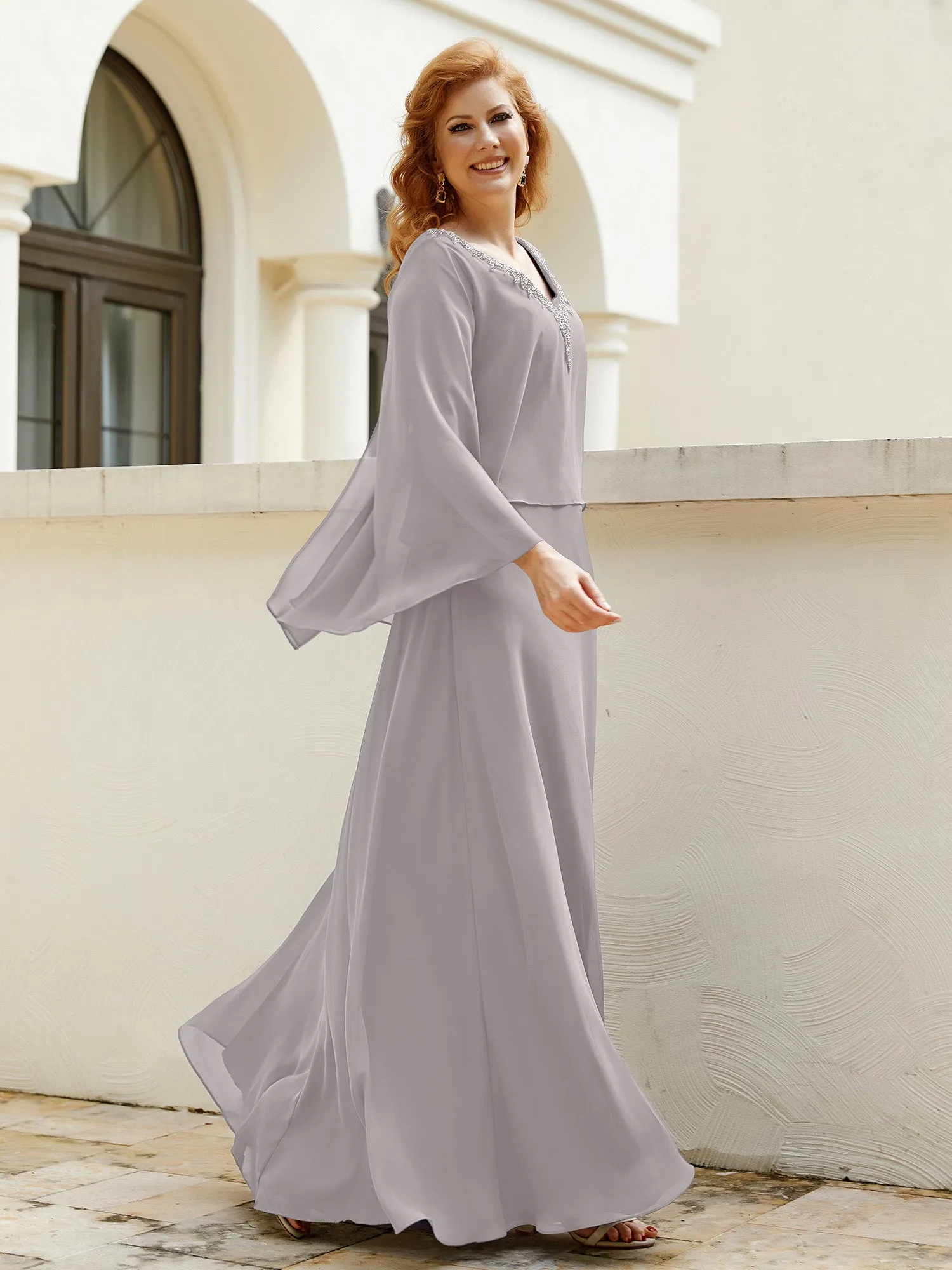 A-Line Flutter Cape Sleeves Dress with Beaded V-neck-Silver
