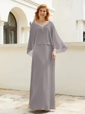 A-Line Flutter Cape Sleeves Dress with Beaded V-neck-Silver