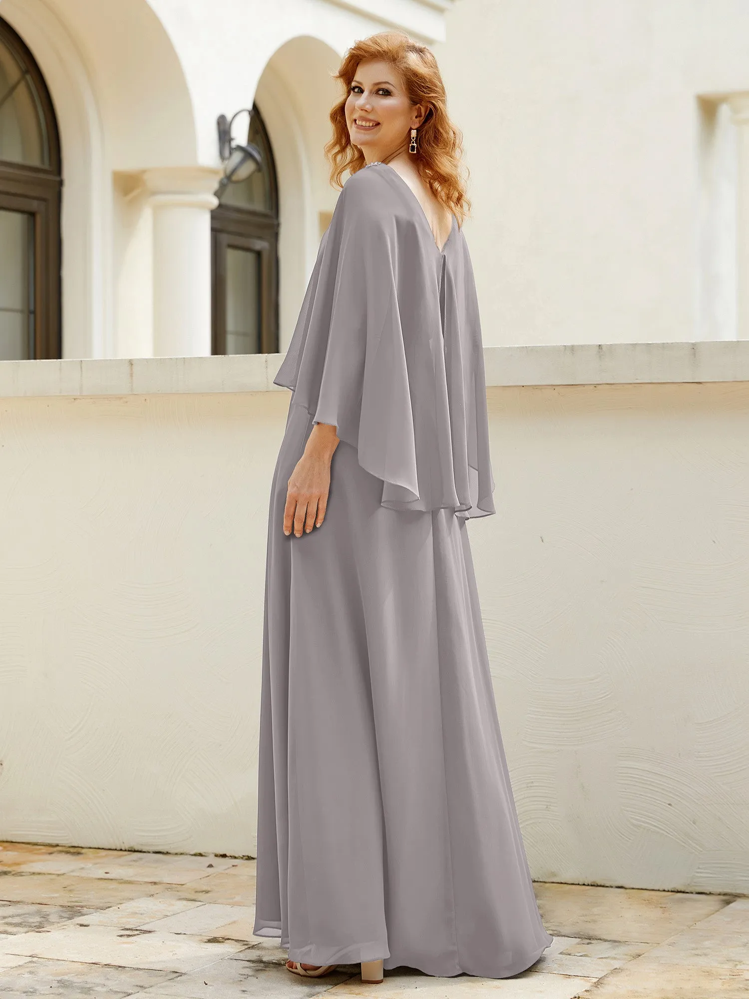 A-Line Flutter Cape Sleeves Dress with Beaded V-neck-Silver