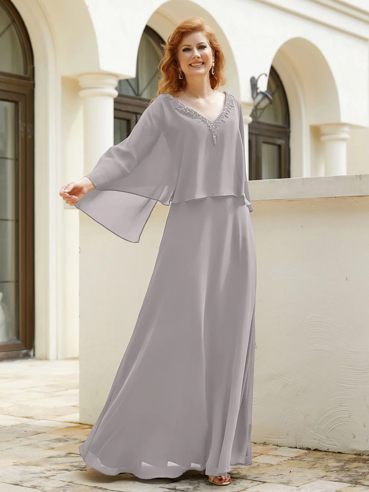 A-Line Flutter Cape Sleeves Dress with Beaded V-neck-Silver