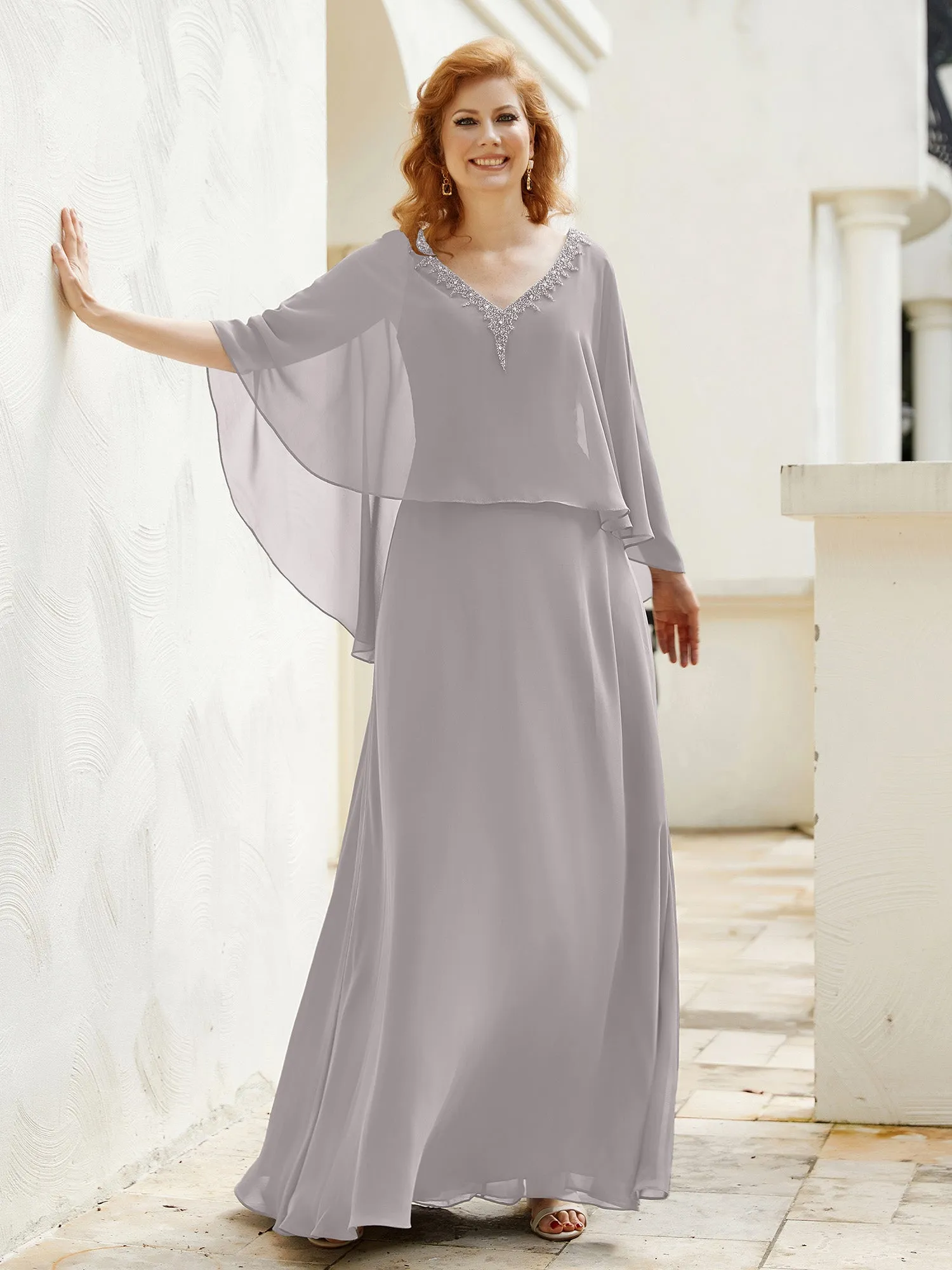 A-Line Flutter Cape Sleeves Dress with Beaded V-neck-Silver