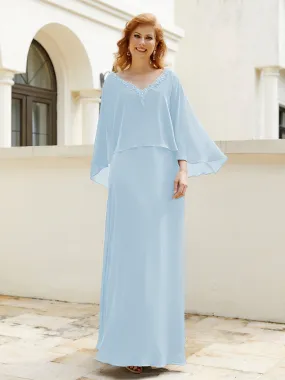 A-Line Flutter Cape Sleeves Dress with Beaded V-neck-Sky Blue