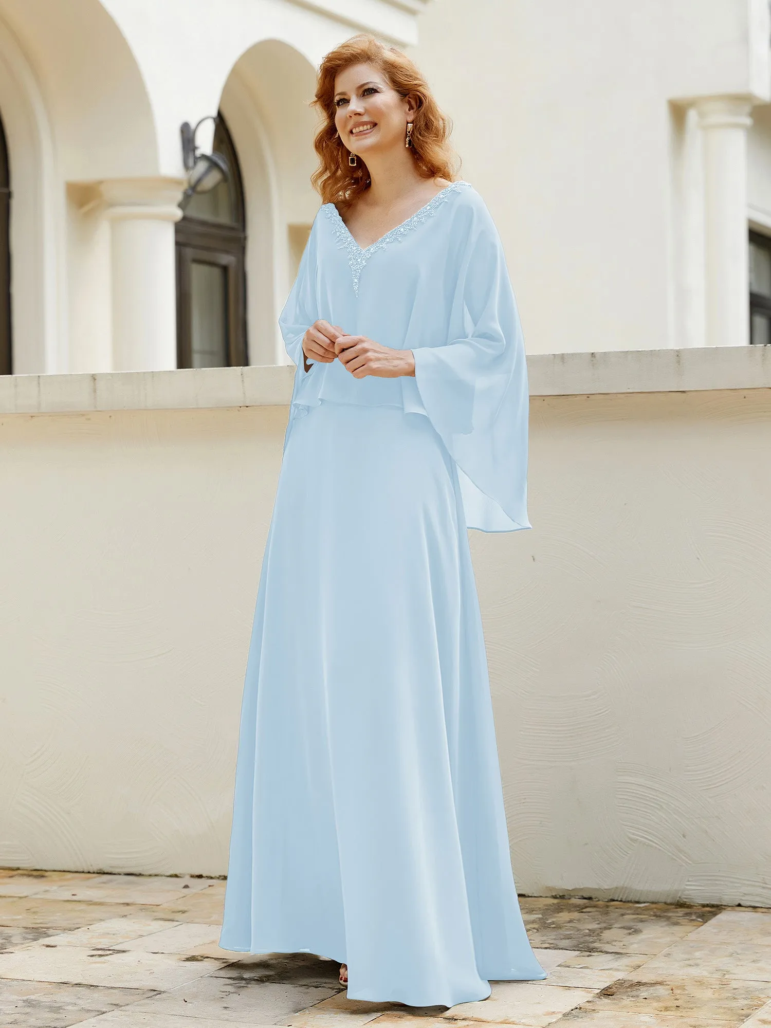 A-Line Flutter Cape Sleeves Dress with Beaded V-neck-Sky Blue