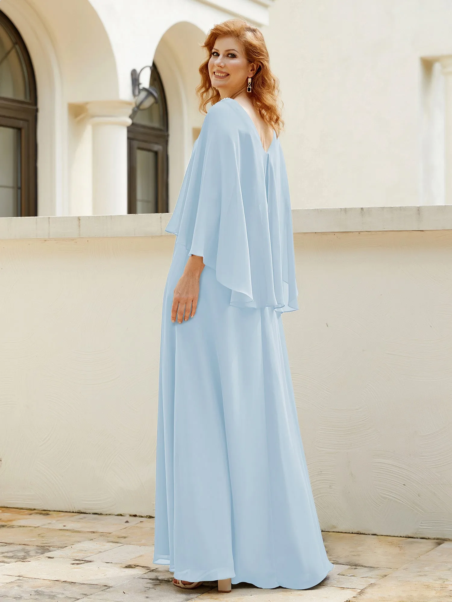 A-Line Flutter Cape Sleeves Dress with Beaded V-neck-Sky Blue