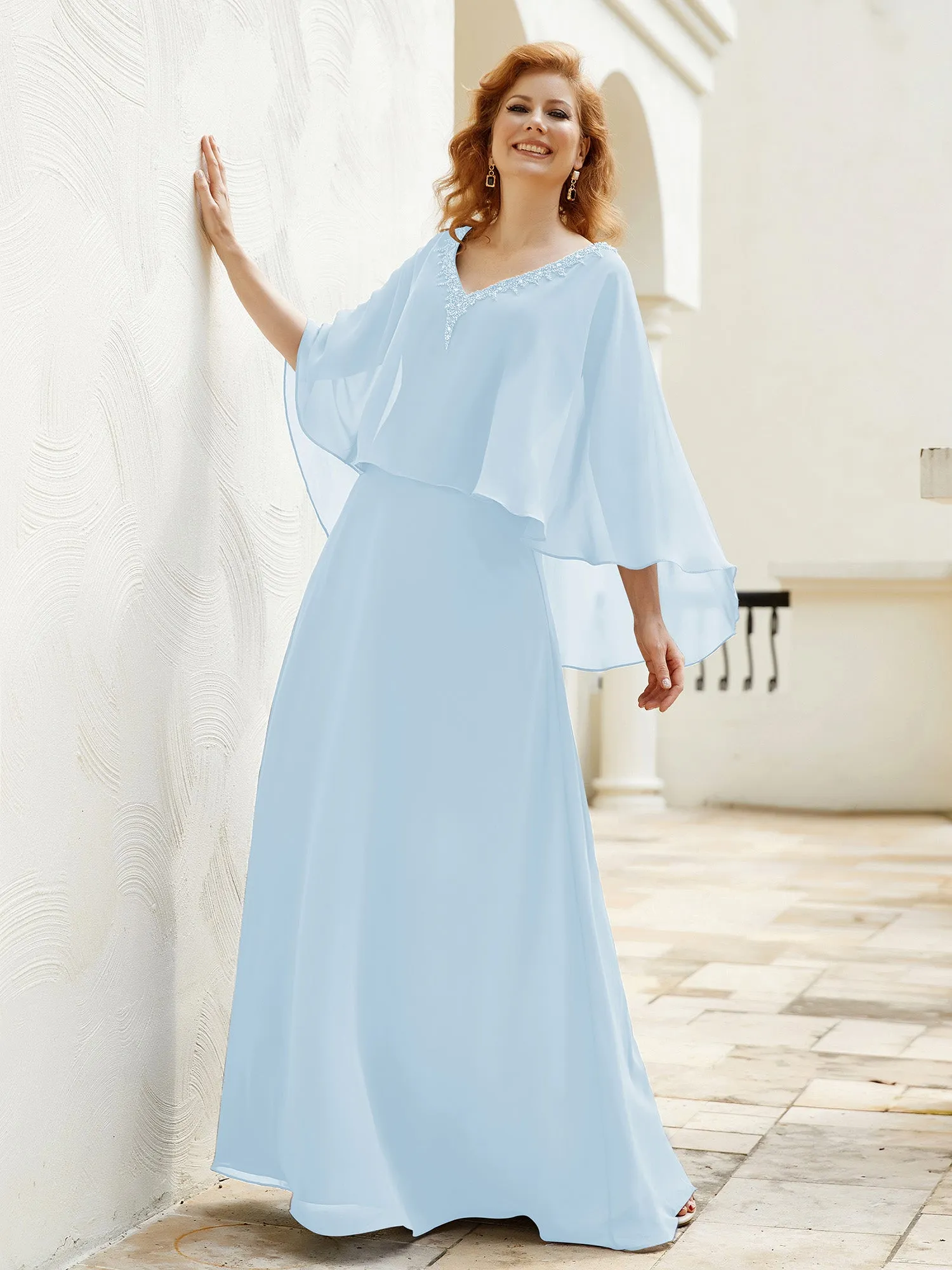 A-Line Flutter Cape Sleeves Dress with Beaded V-neck-Sky Blue