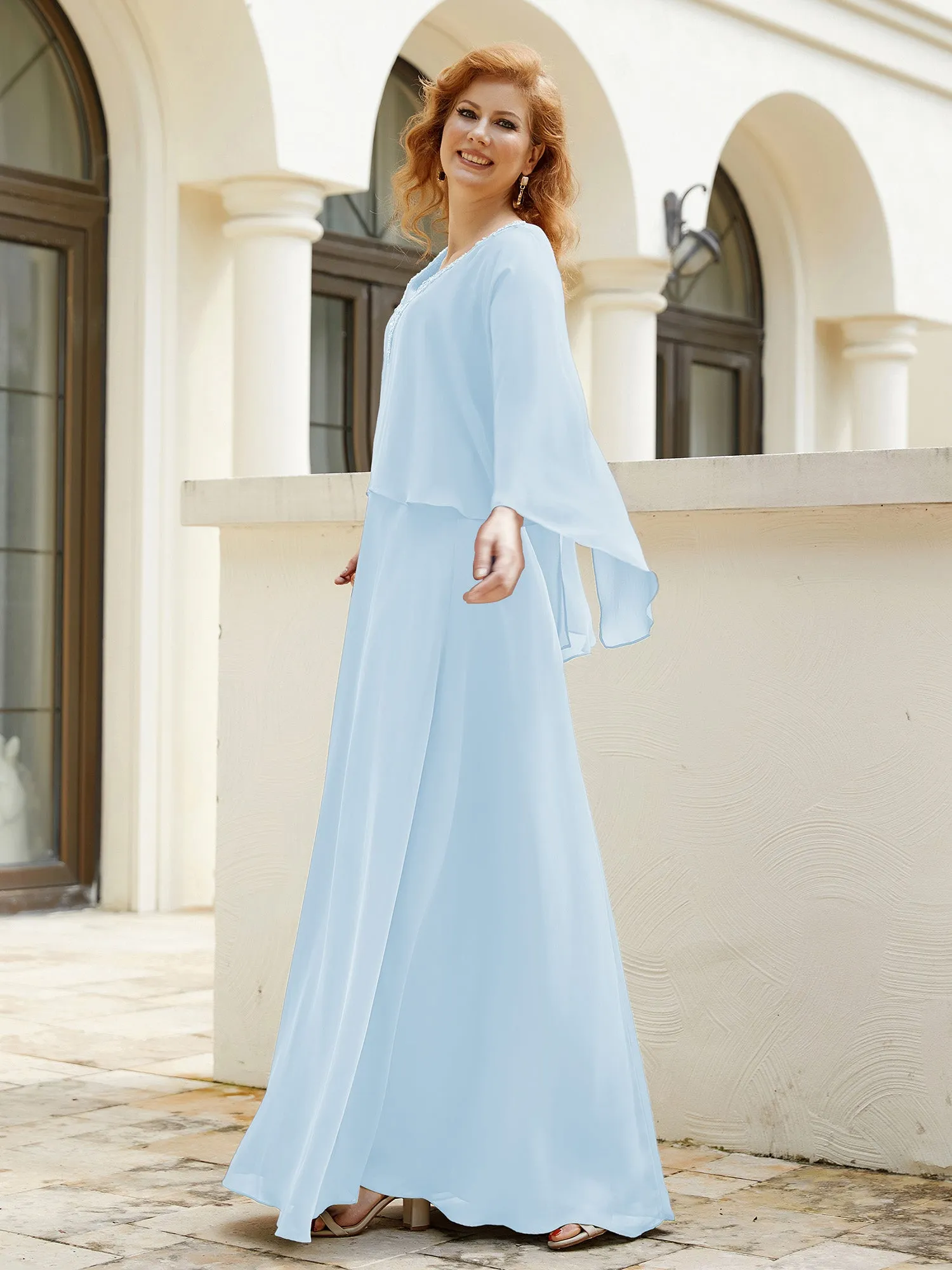 A-Line Flutter Cape Sleeves Dress with Beaded V-neck-Sky Blue
