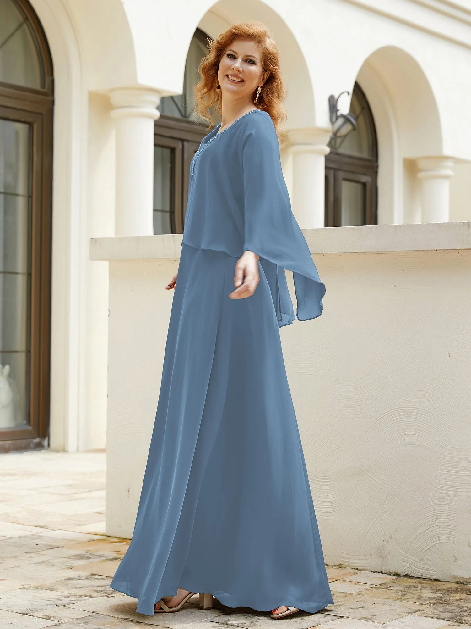A-Line Flutter Cape Sleeves Dress with Beaded V-neck-Slate Blue