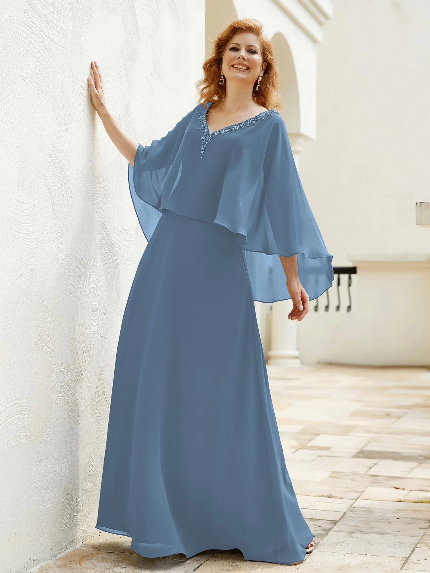 A-Line Flutter Cape Sleeves Dress with Beaded V-neck-Slate Blue