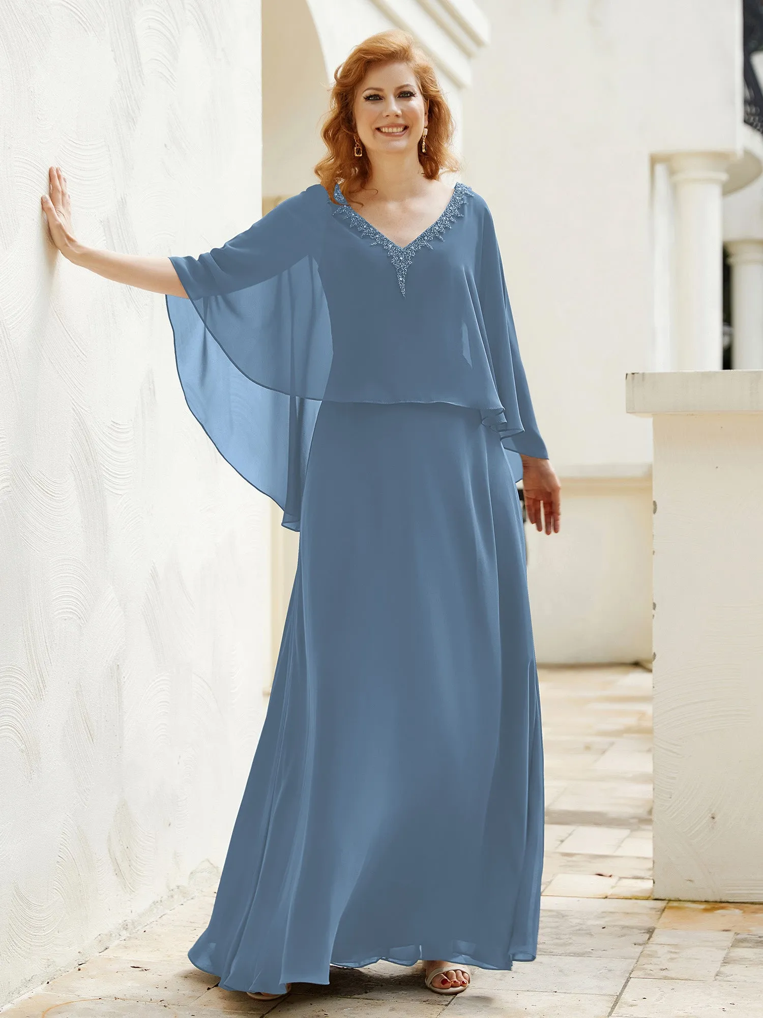 A-Line Flutter Cape Sleeves Dress with Beaded V-neck-Slate Blue