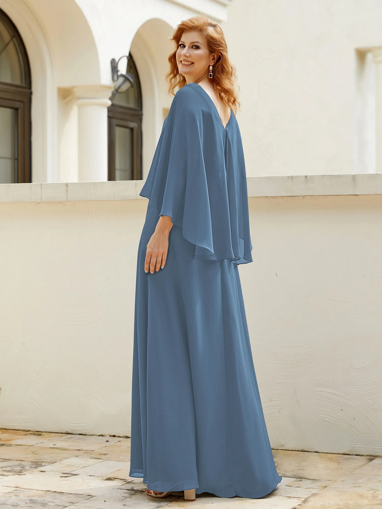 A-Line Flutter Cape Sleeves Dress with Beaded V-neck-Slate Blue