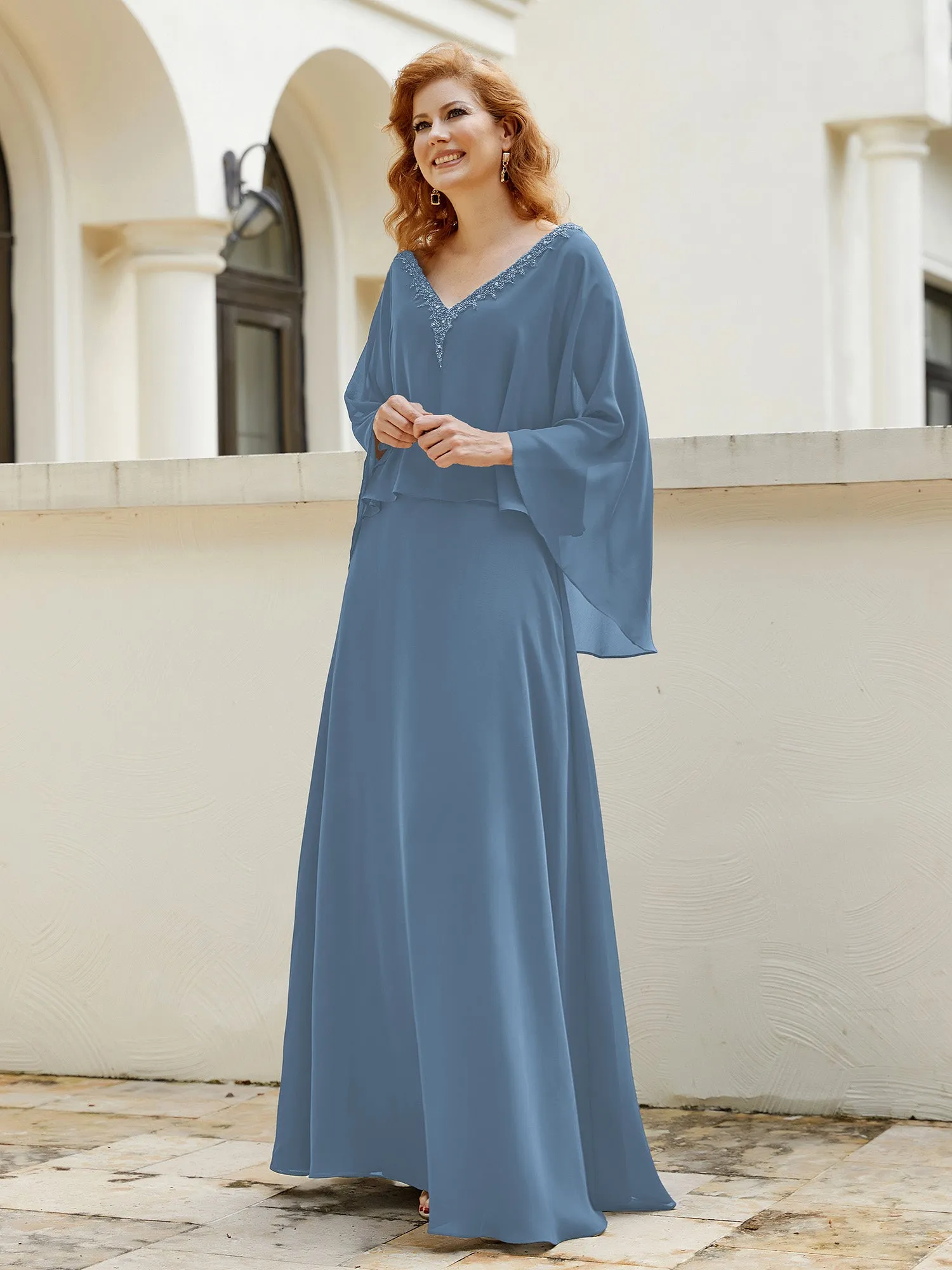 A-Line Flutter Cape Sleeves Dress with Beaded V-neck-Slate Blue