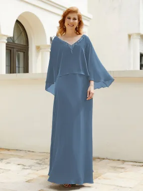 A-Line Flutter Cape Sleeves Dress with Beaded V-neck-Slate Blue
