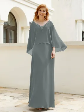 A-Line Flutter Cape Sleeves Dress with Beaded V-neck-Steel Grey
