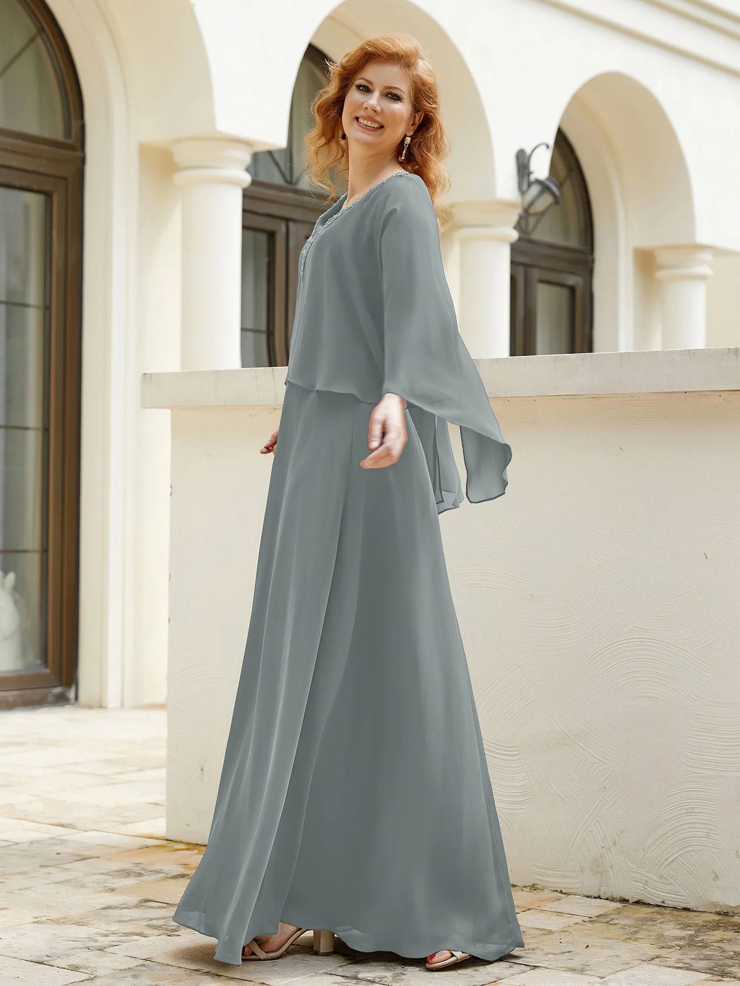 A-Line Flutter Cape Sleeves Dress with Beaded V-neck-Steel Grey