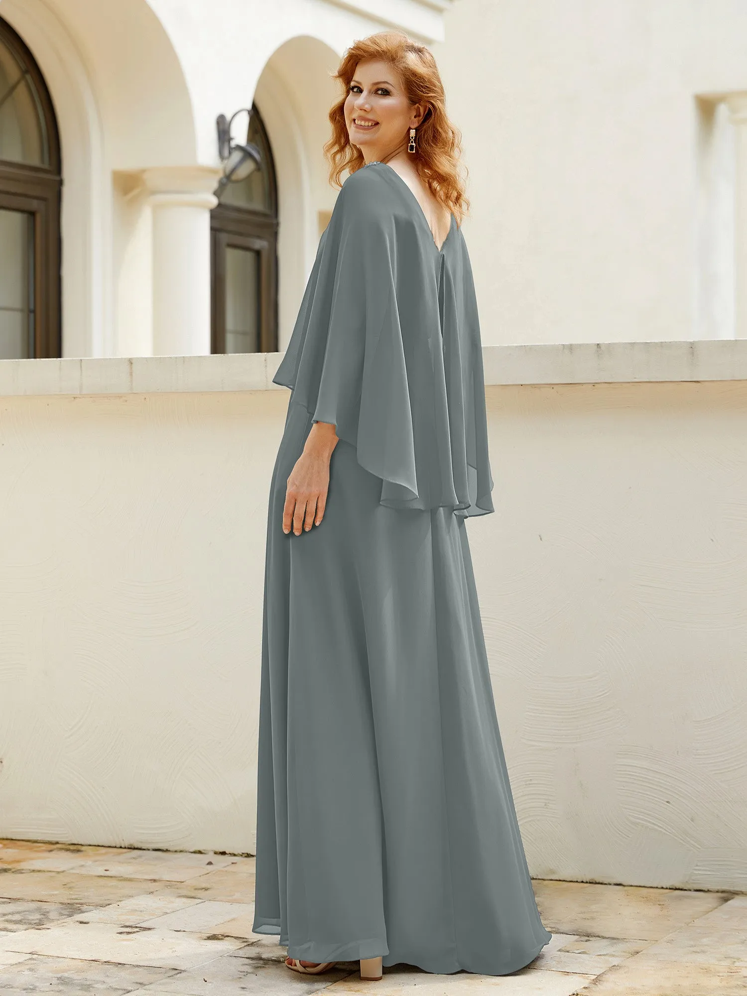 A-Line Flutter Cape Sleeves Dress with Beaded V-neck-Steel Grey