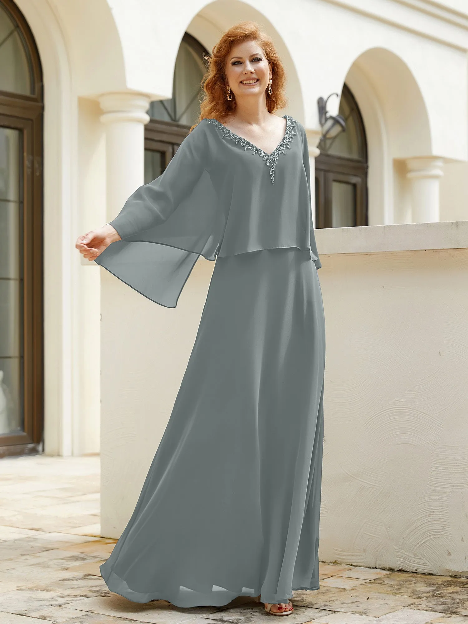 A-Line Flutter Cape Sleeves Dress with Beaded V-neck-Steel Grey