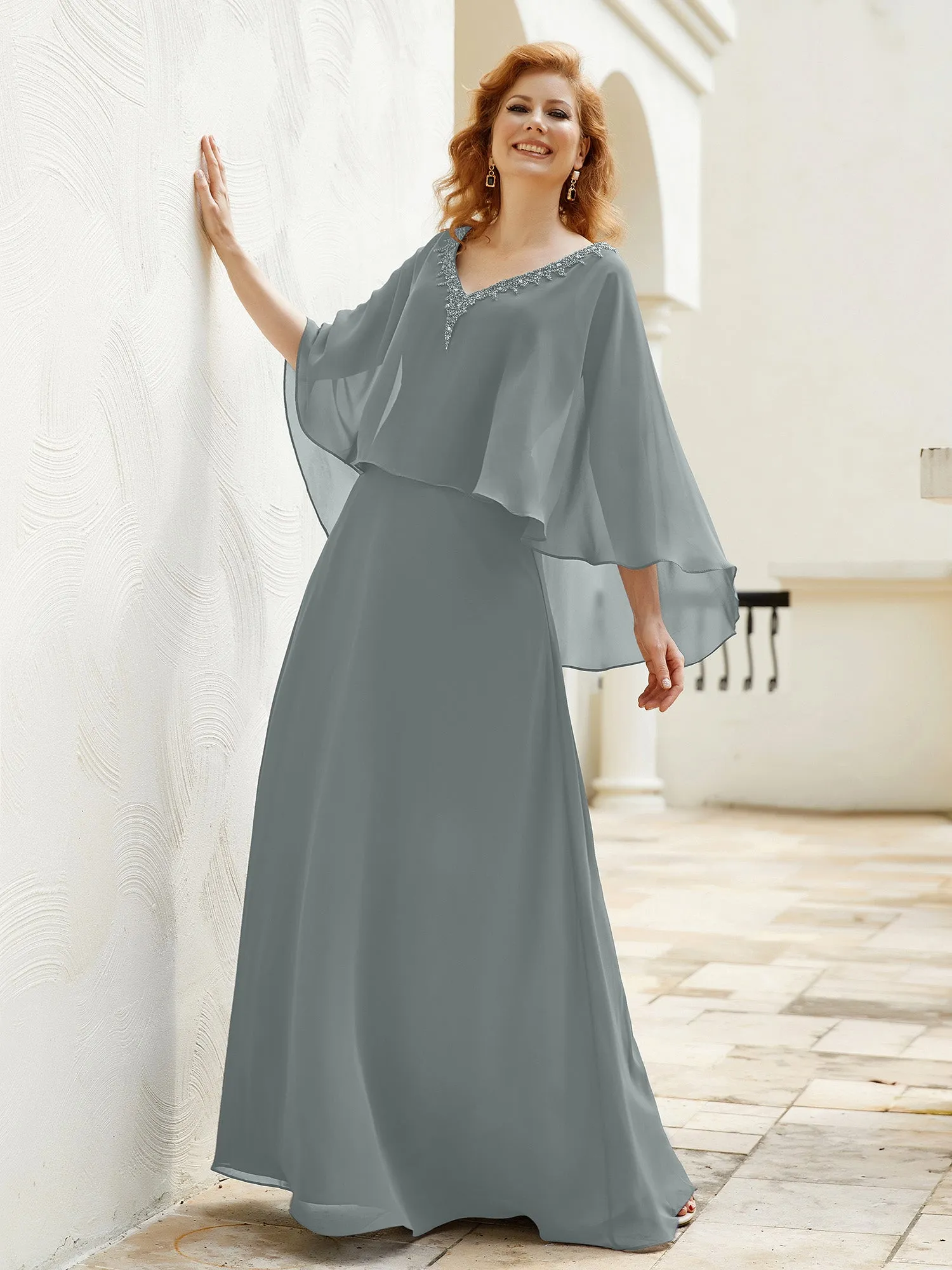 A-Line Flutter Cape Sleeves Dress with Beaded V-neck-Steel Grey