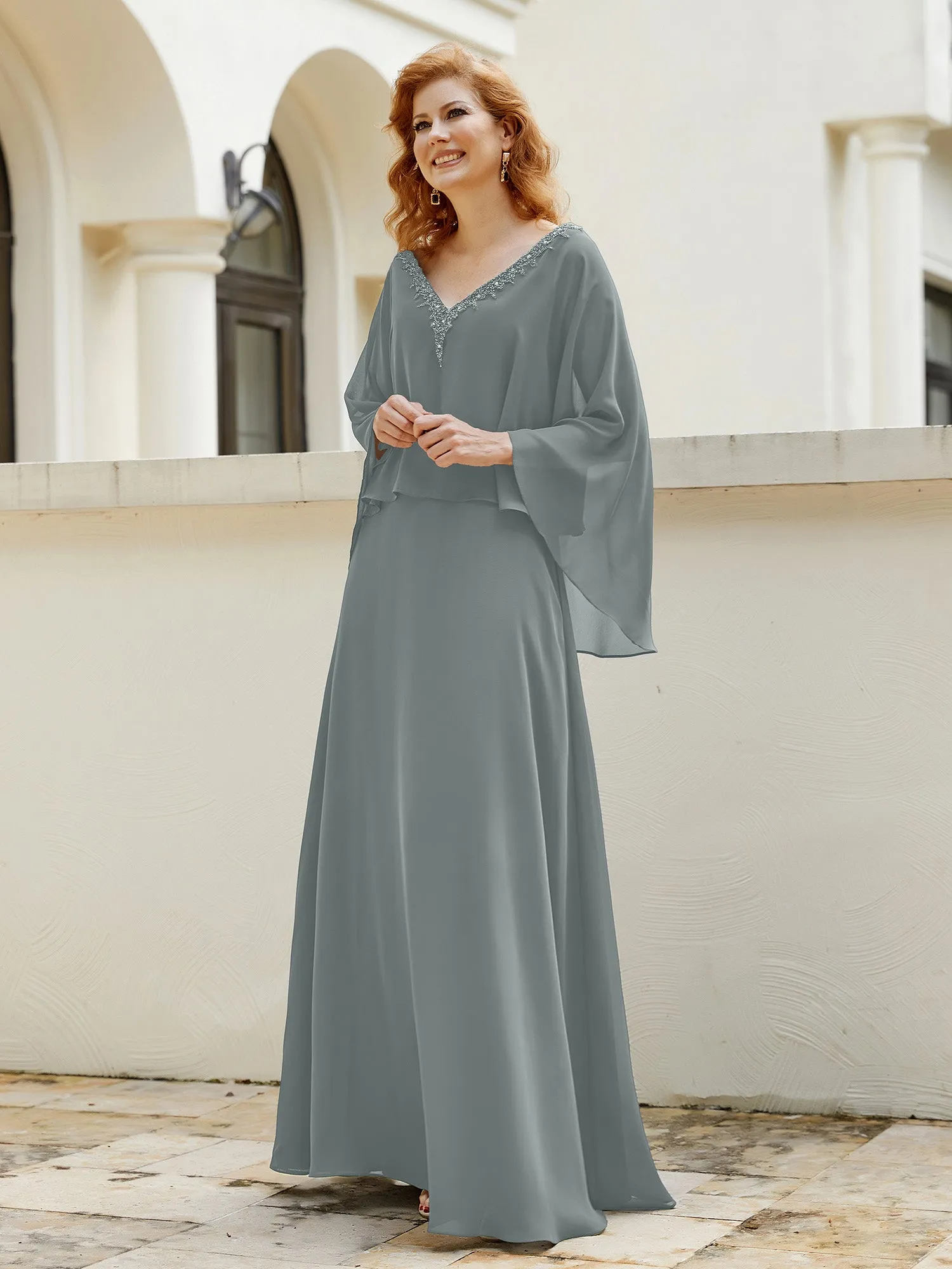 A-Line Flutter Cape Sleeves Dress with Beaded V-neck-Steel Grey