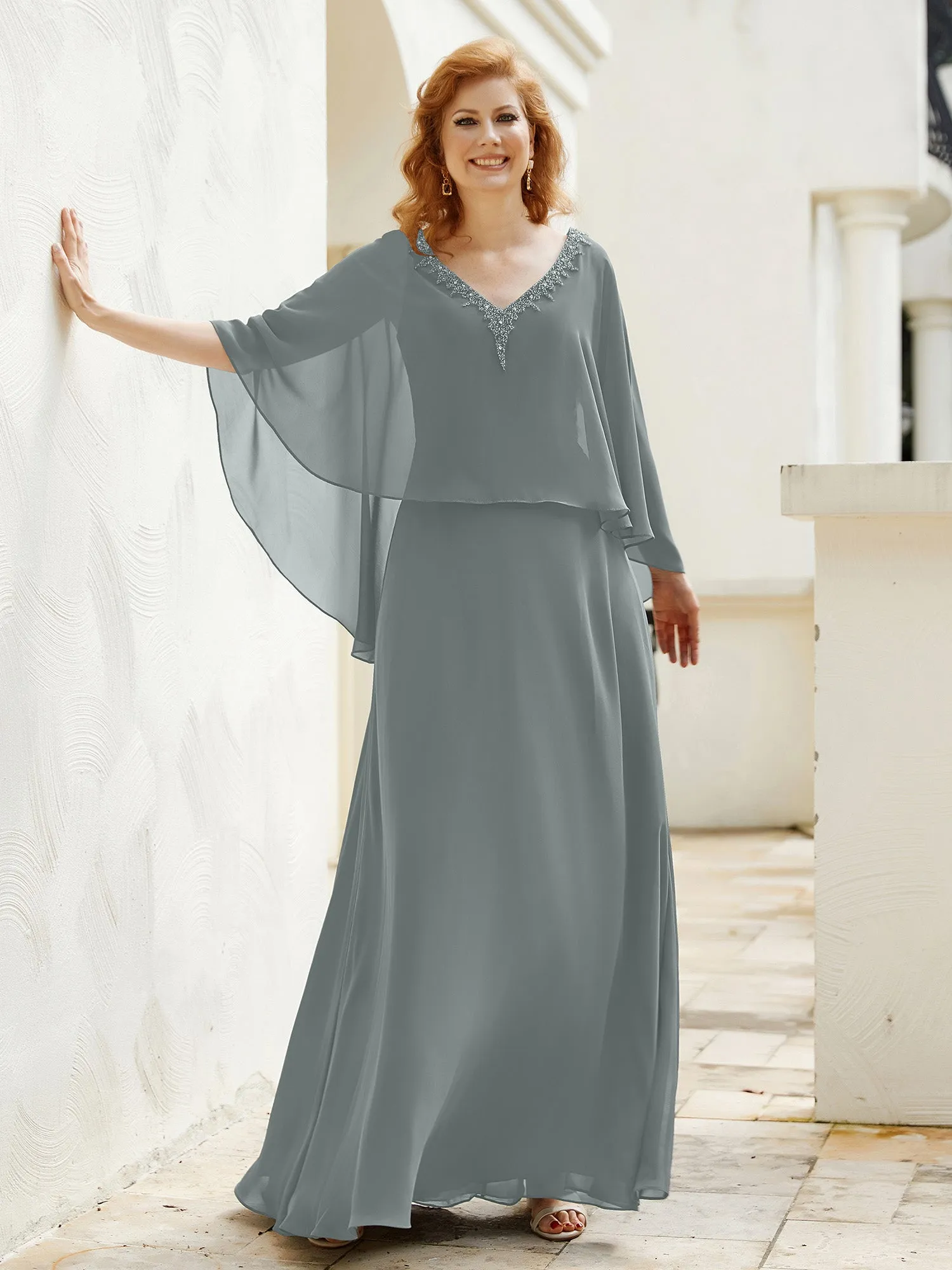 A-Line Flutter Cape Sleeves Dress with Beaded V-neck-Steel Grey