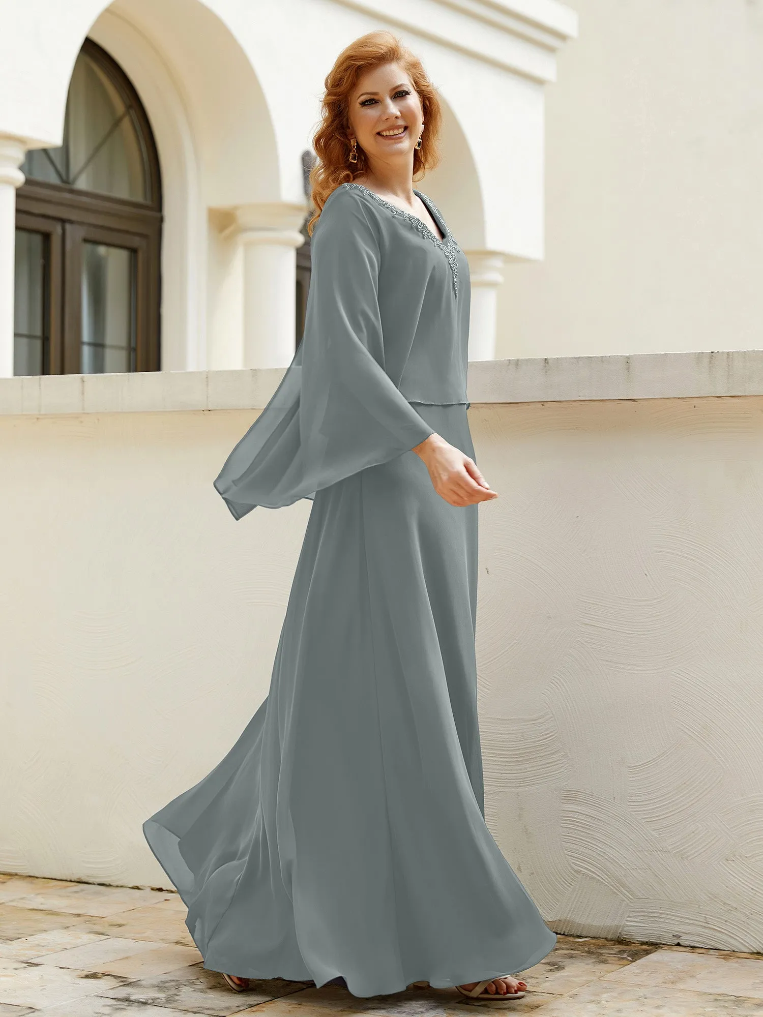 A-Line Flutter Cape Sleeves Dress with Beaded V-neck-Steel Grey