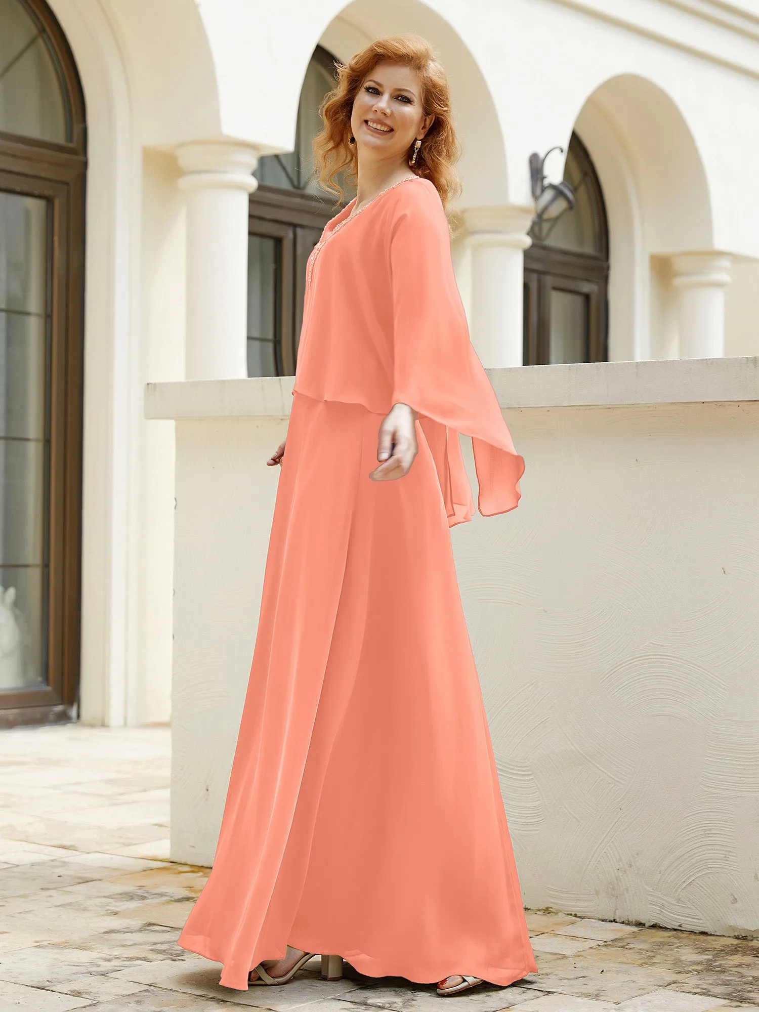 A-Line Flutter Cape Sleeves Dress with Beaded V-neck-Sunset