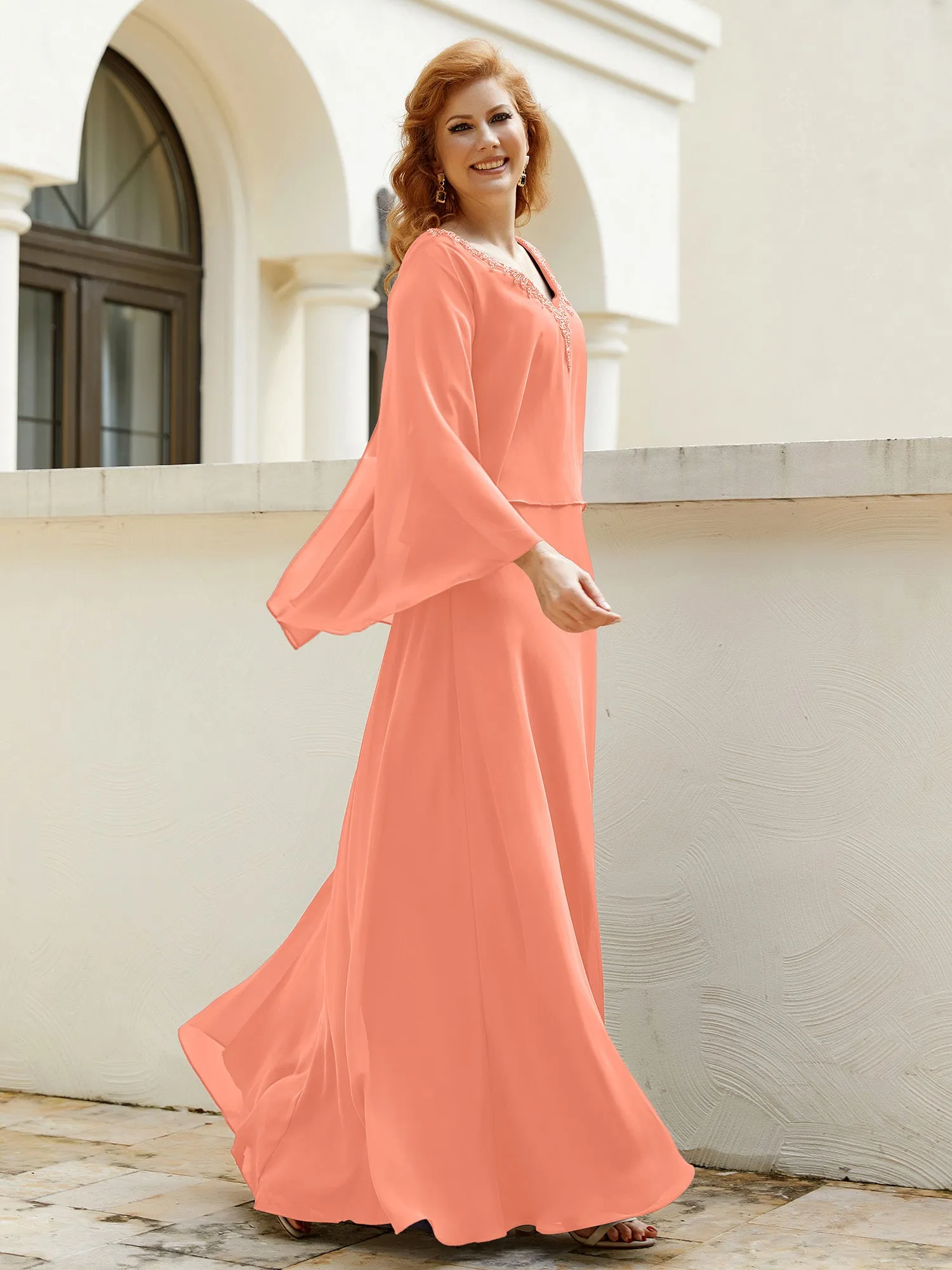 A-Line Flutter Cape Sleeves Dress with Beaded V-neck-Sunset