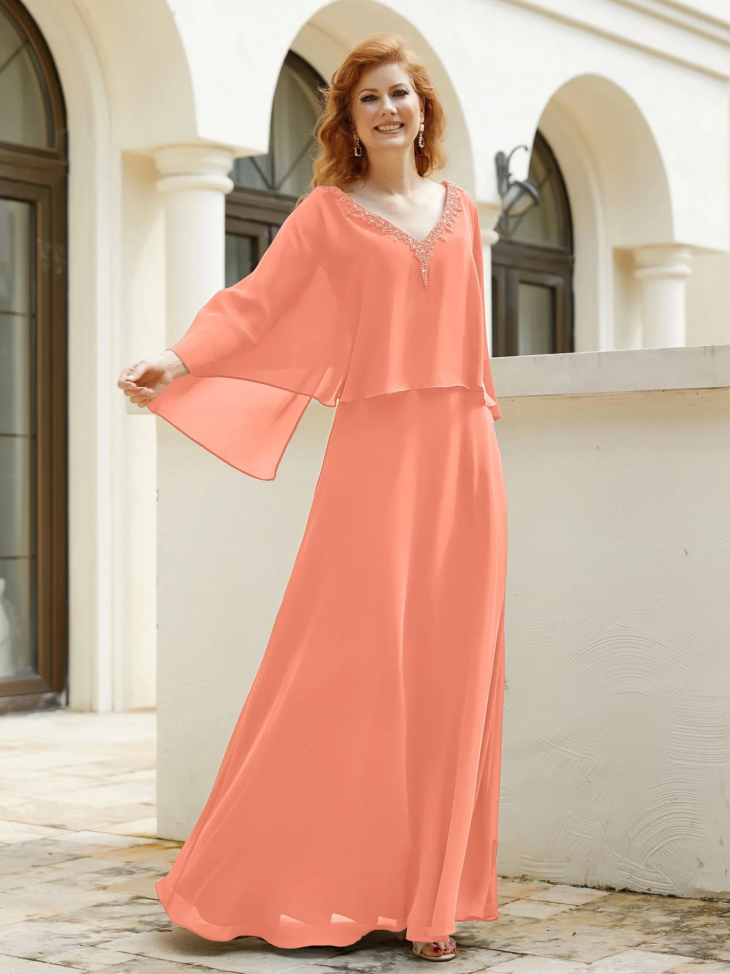 A-Line Flutter Cape Sleeves Dress with Beaded V-neck-Sunset
