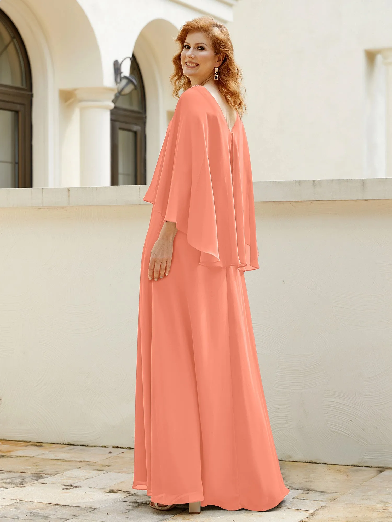 A-Line Flutter Cape Sleeves Dress with Beaded V-neck-Sunset