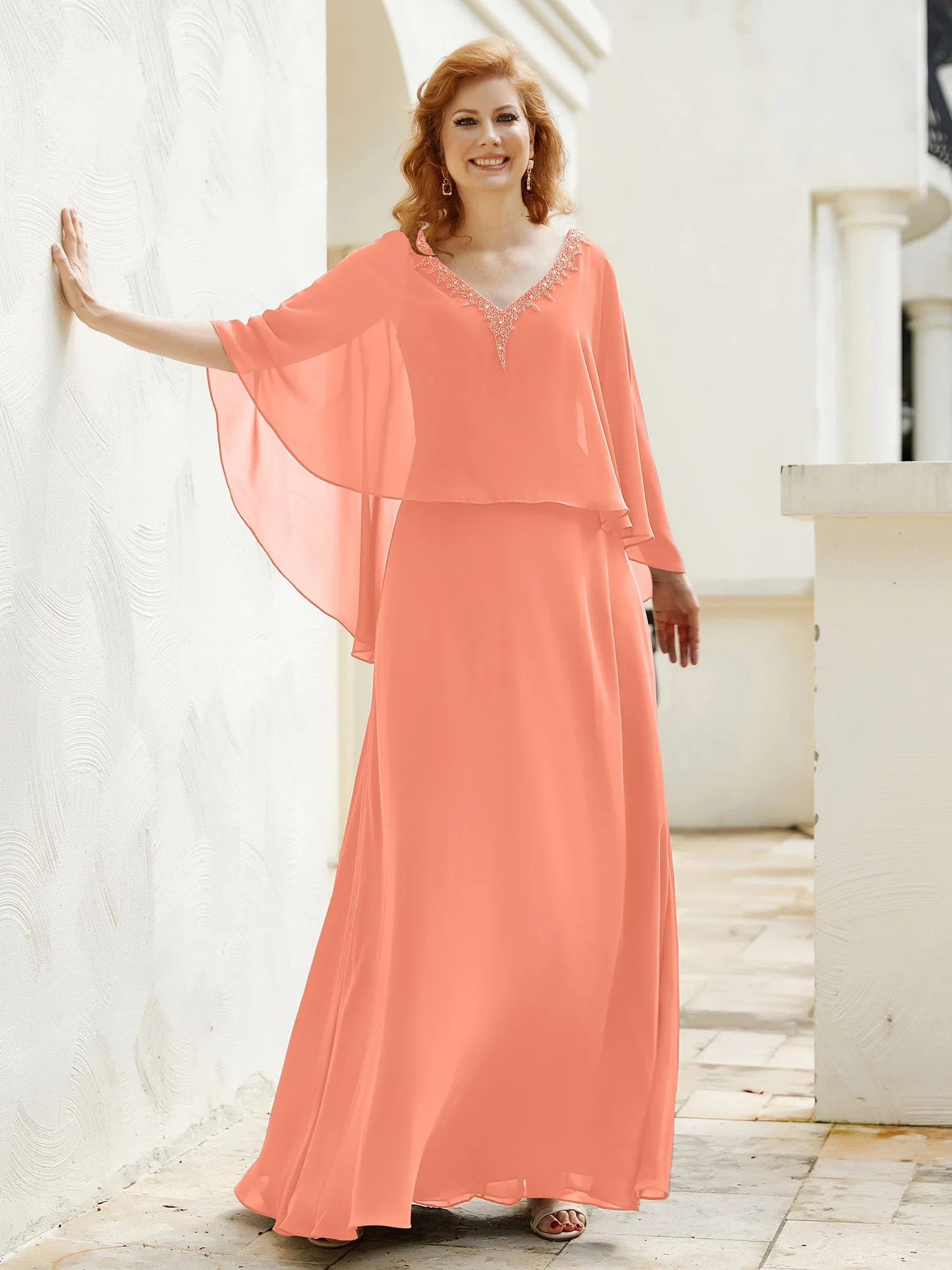 A-Line Flutter Cape Sleeves Dress with Beaded V-neck-Sunset