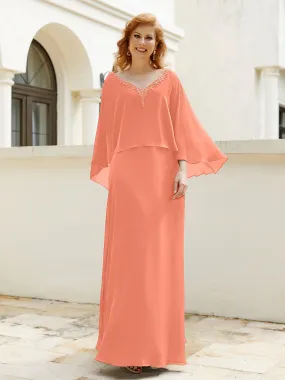 A-Line Flutter Cape Sleeves Dress with Beaded V-neck-Sunset