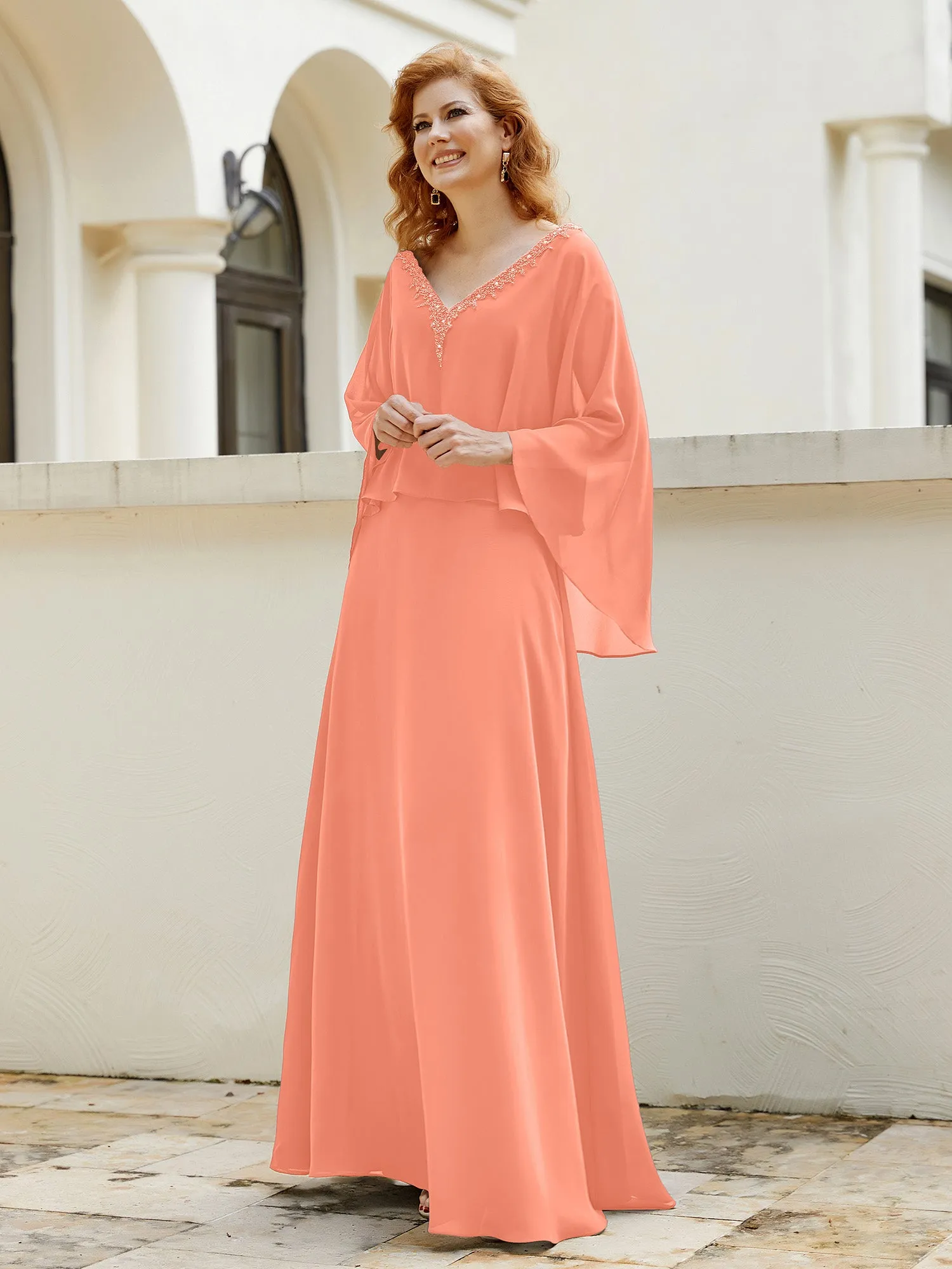 A-Line Flutter Cape Sleeves Dress with Beaded V-neck-Sunset