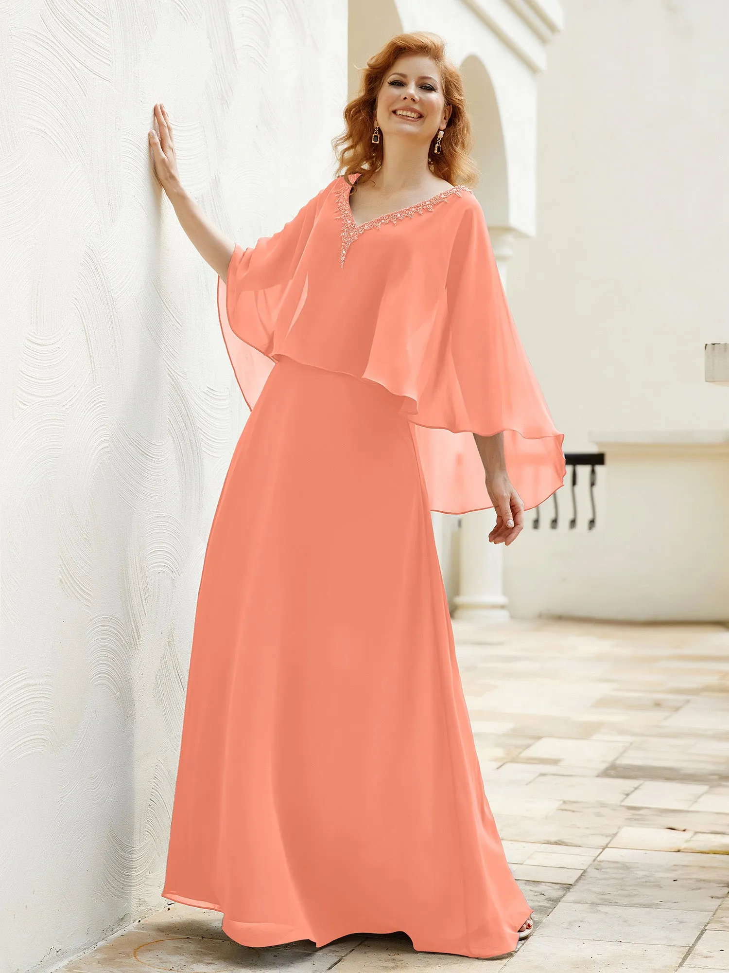 A-Line Flutter Cape Sleeves Dress with Beaded V-neck-Sunset