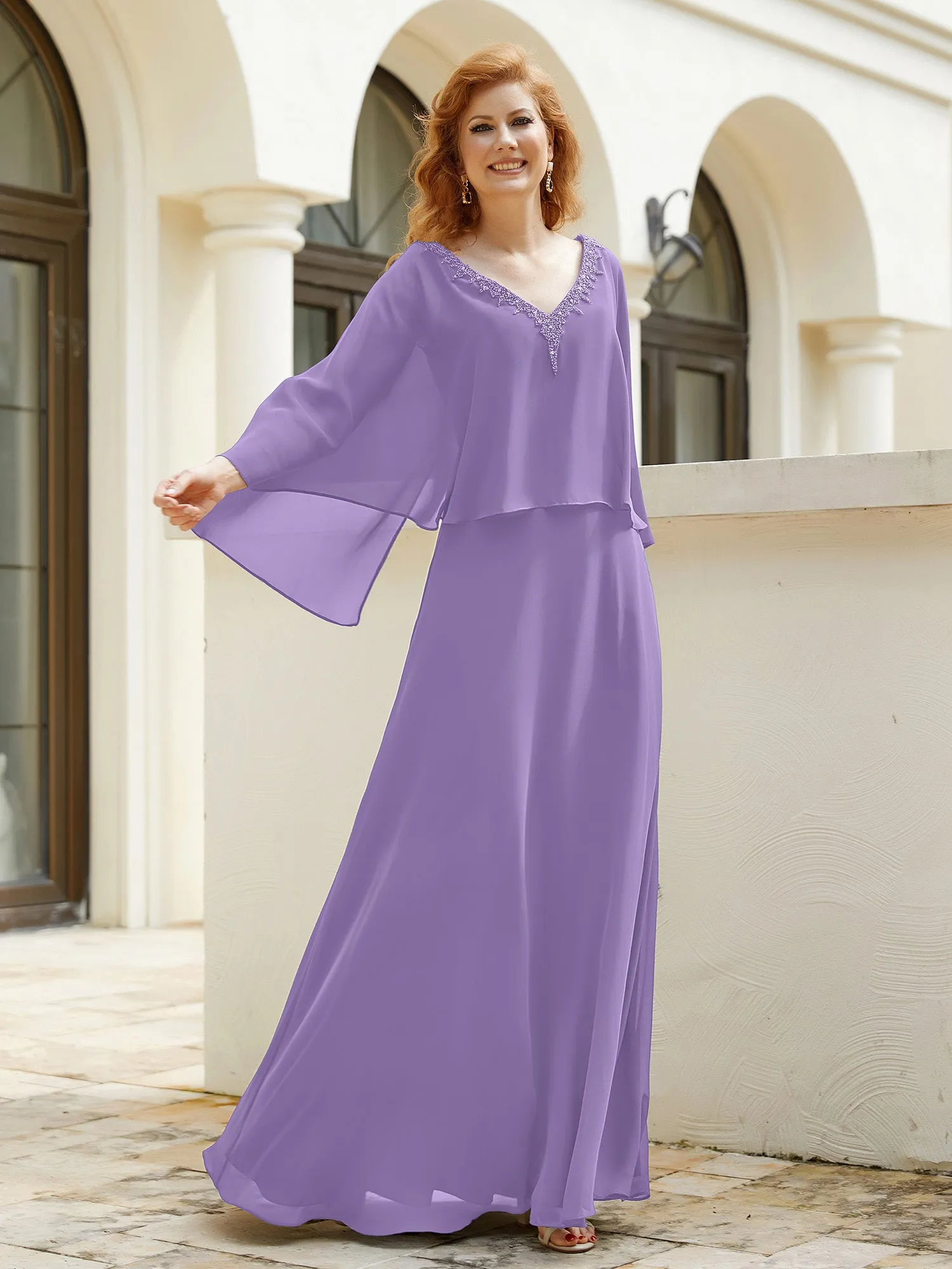 A-Line Flutter Cape Sleeves Dress with Beaded V-neck-Tahiti