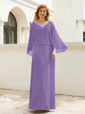 A-Line Flutter Cape Sleeves Dress with Beaded V-neck-Tahiti