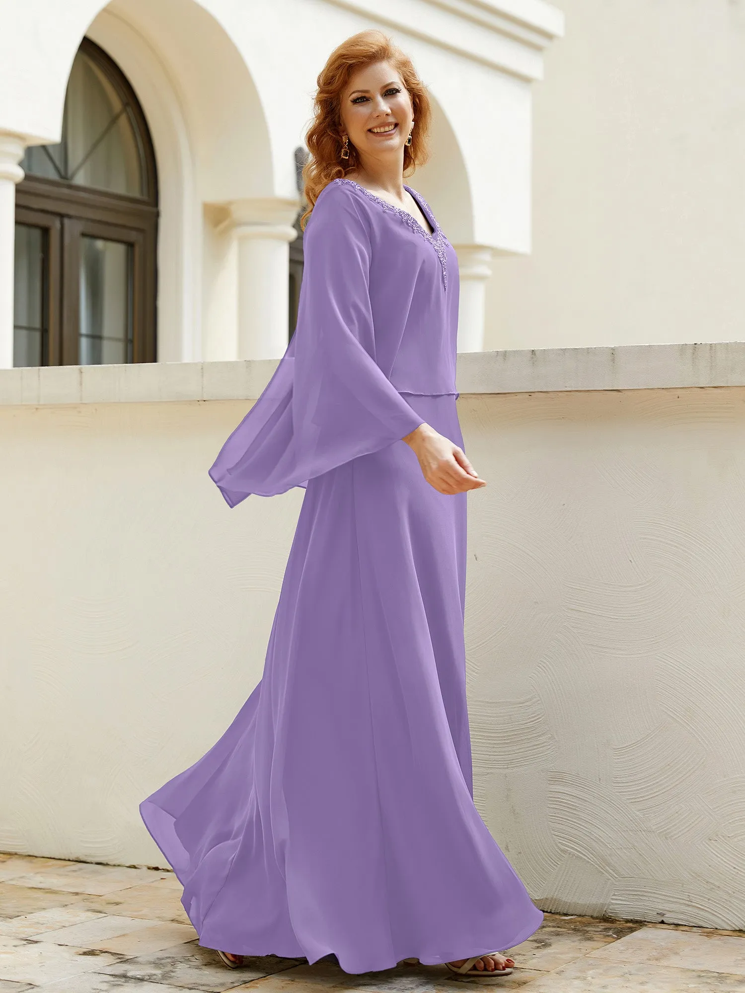A-Line Flutter Cape Sleeves Dress with Beaded V-neck-Tahiti