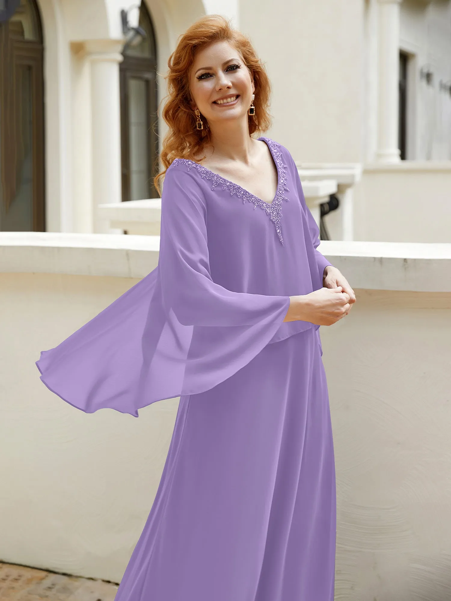 A-Line Flutter Cape Sleeves Dress with Beaded V-neck-Tahiti