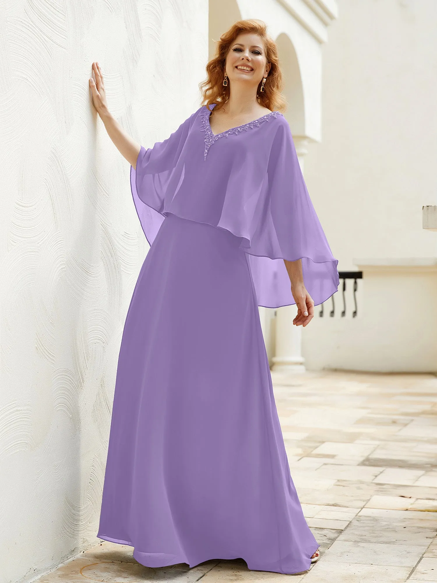 A-Line Flutter Cape Sleeves Dress with Beaded V-neck-Tahiti