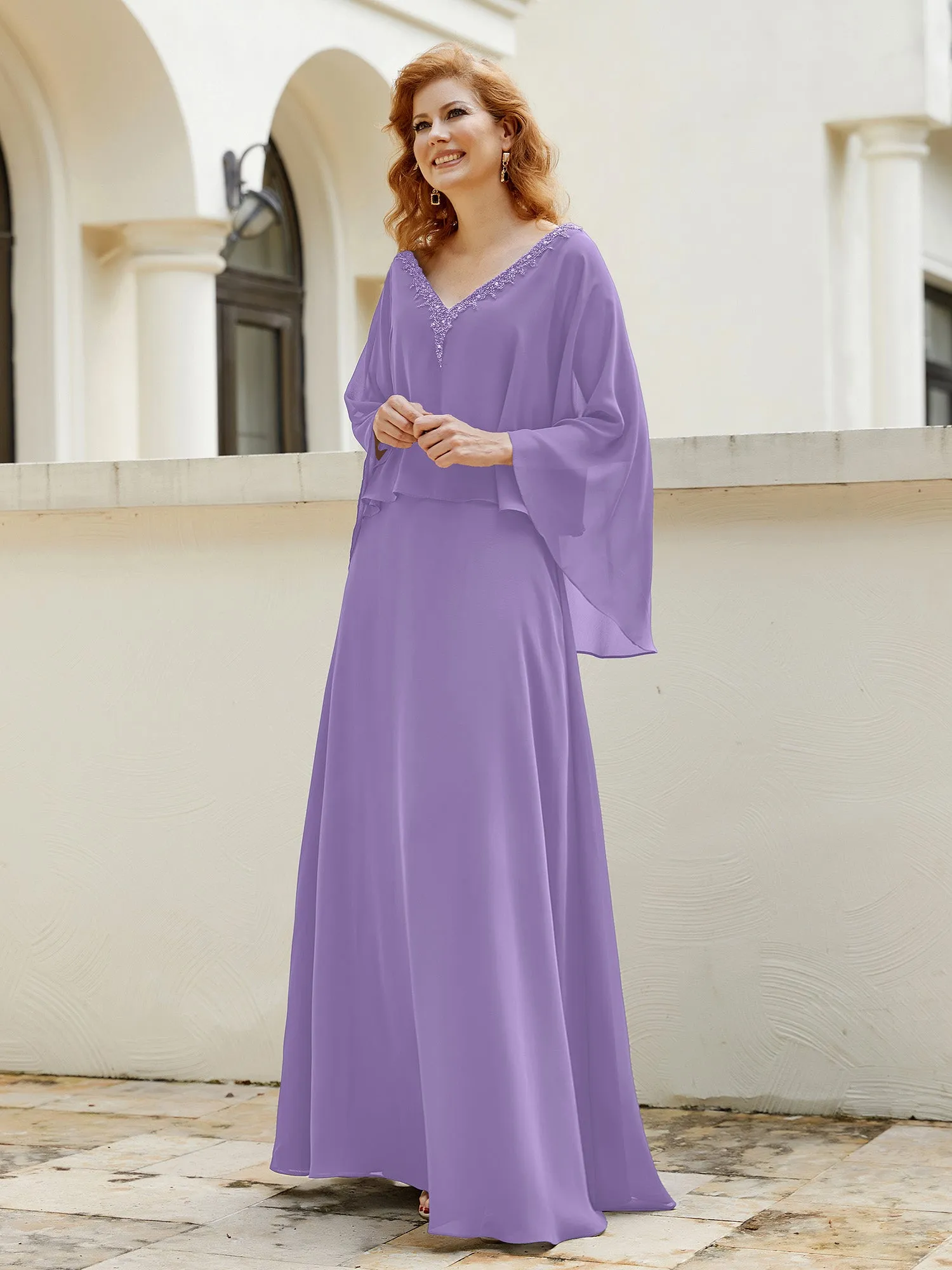 A-Line Flutter Cape Sleeves Dress with Beaded V-neck-Tahiti