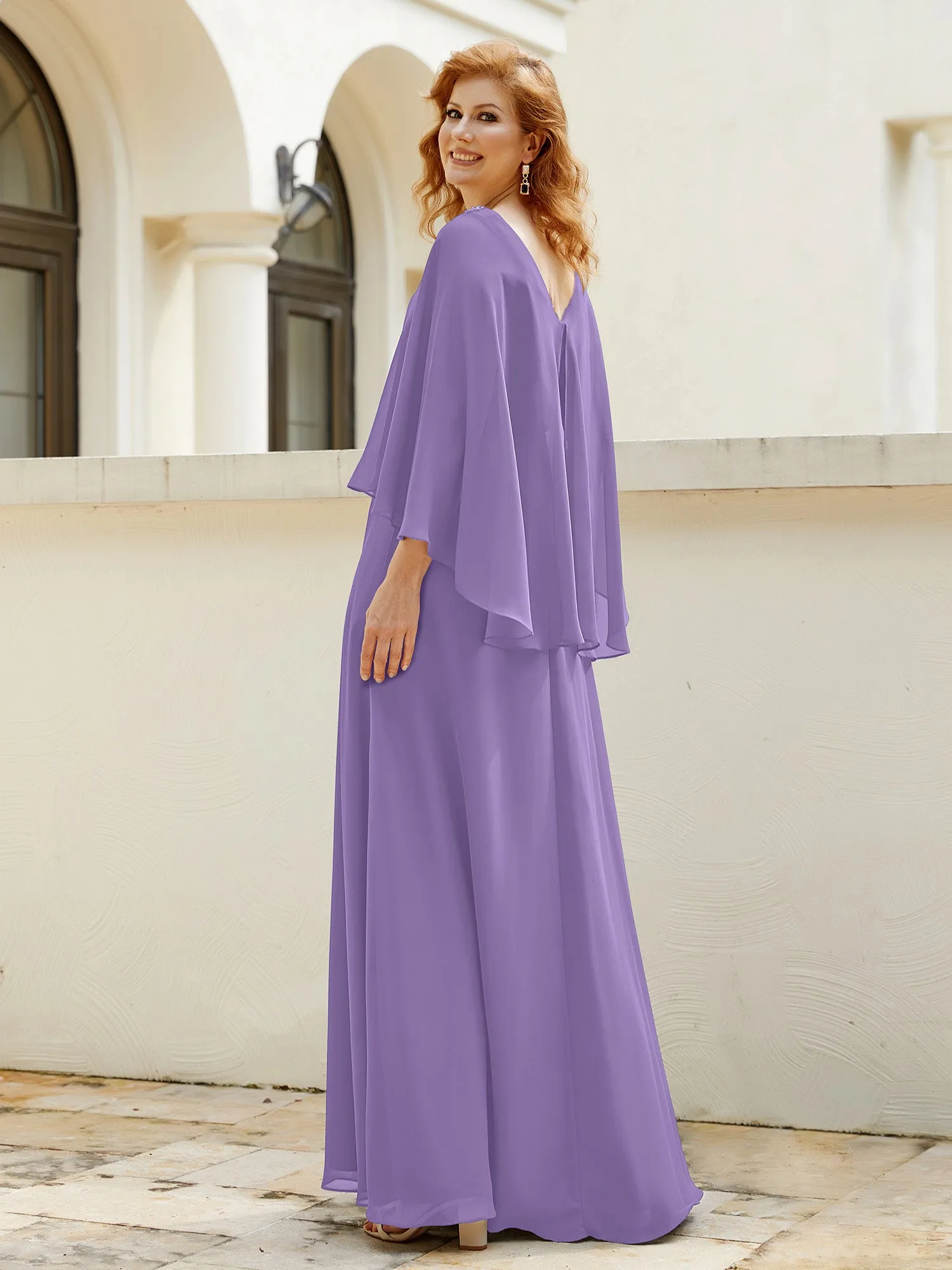 A-Line Flutter Cape Sleeves Dress with Beaded V-neck-Tahiti