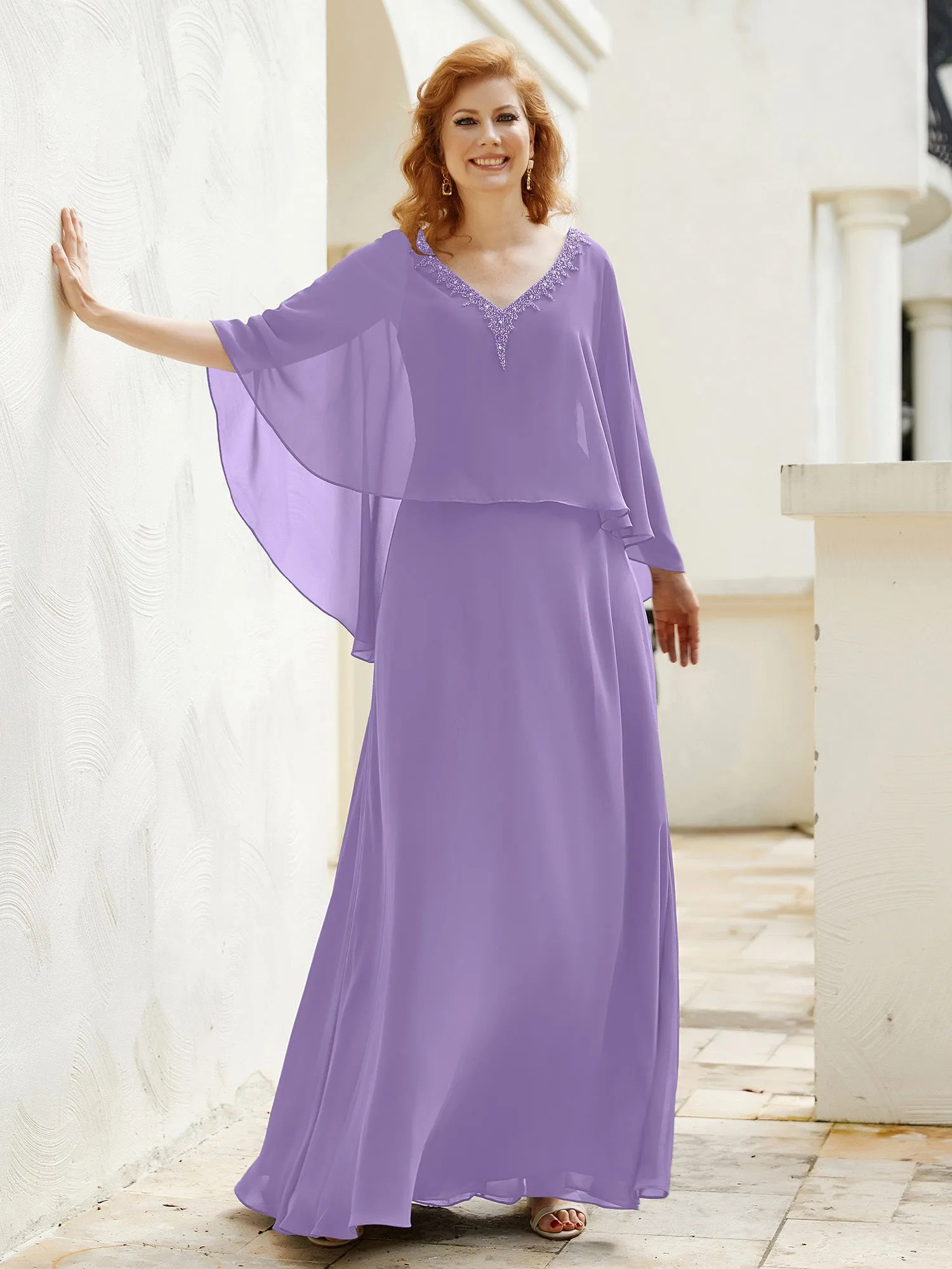 A-Line Flutter Cape Sleeves Dress with Beaded V-neck-Tahiti