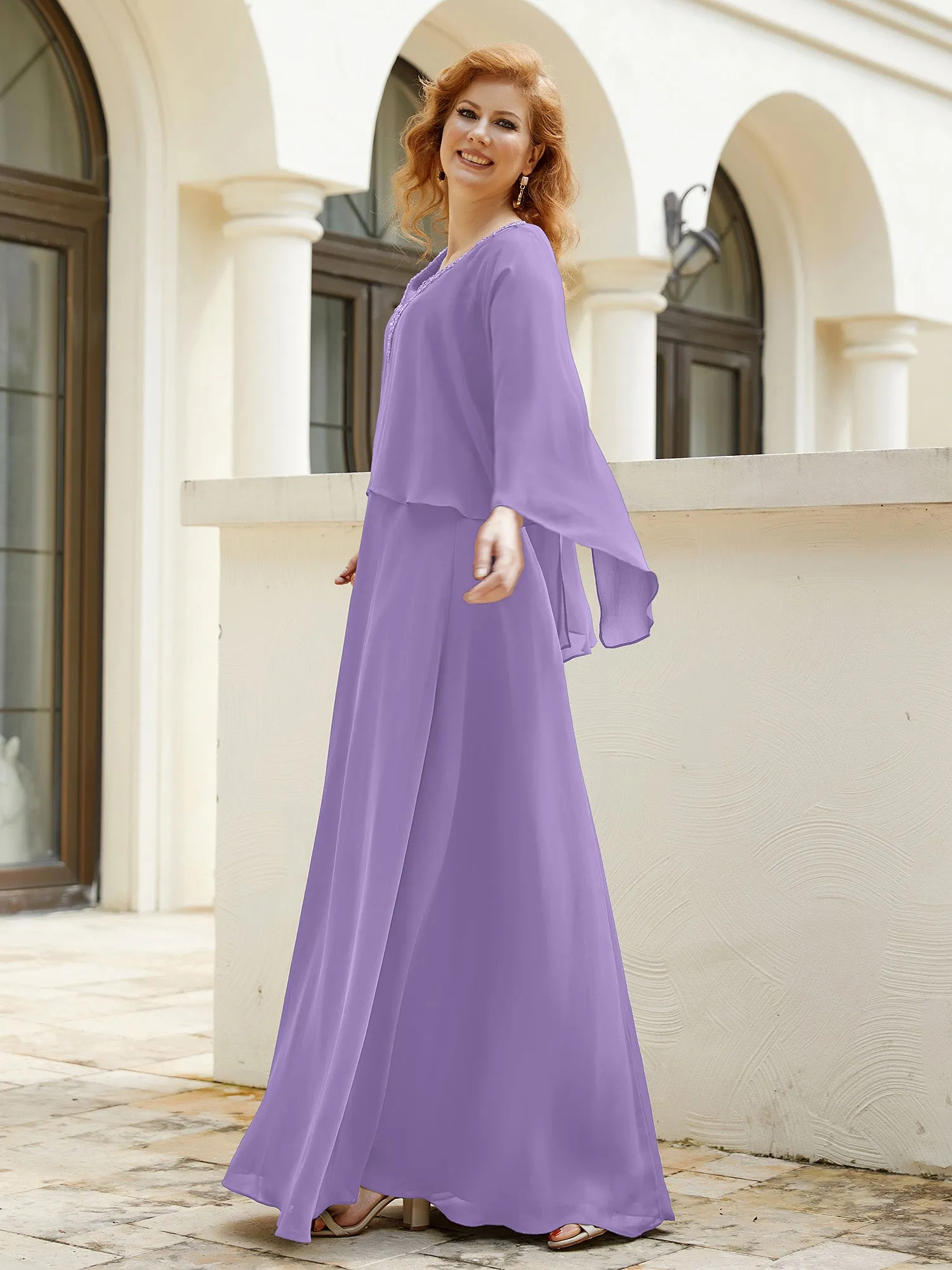 A-Line Flutter Cape Sleeves Dress with Beaded V-neck-Tahiti