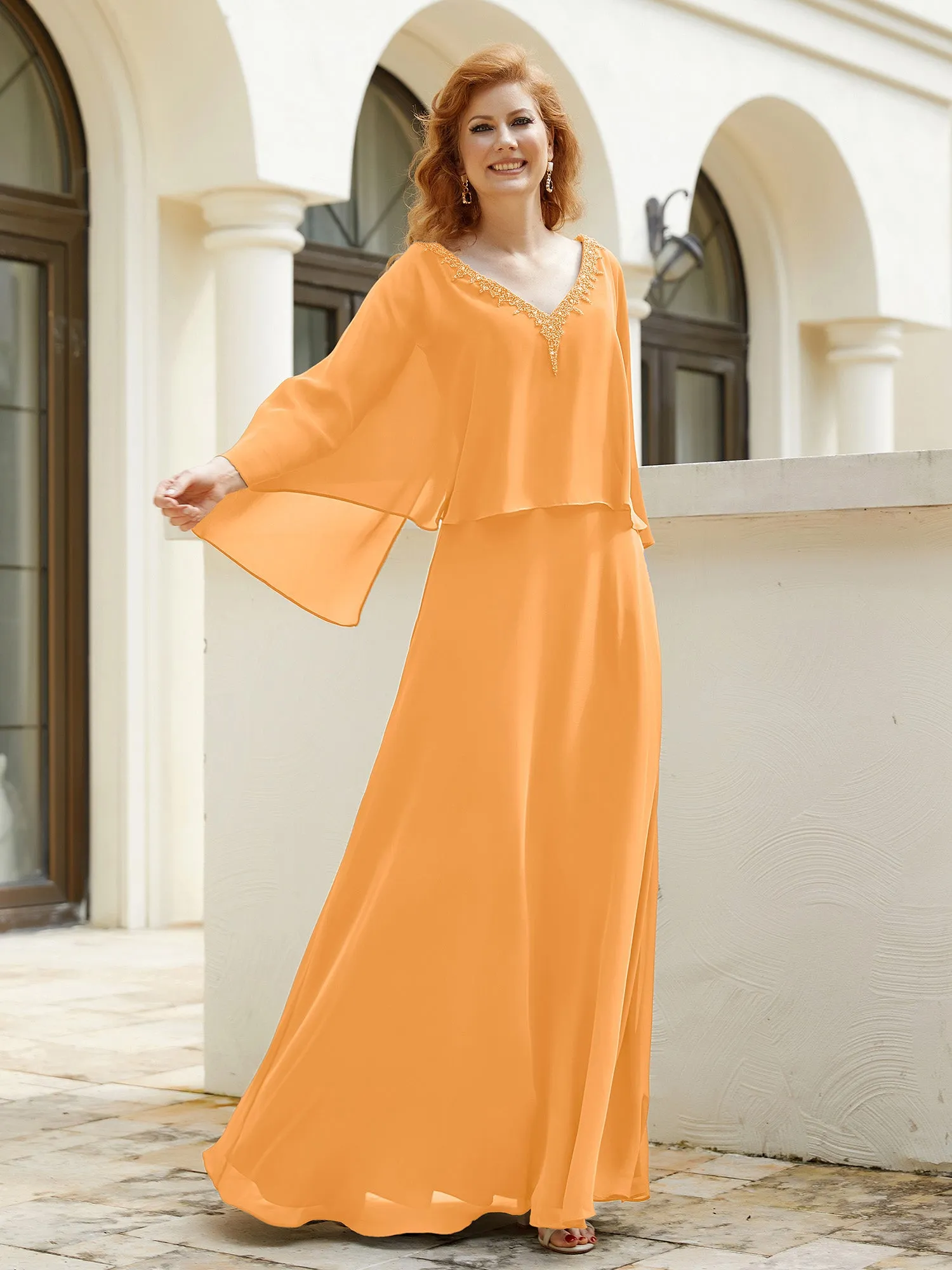 A-Line Flutter Cape Sleeves Dress with Beaded V-neck-Tangerine