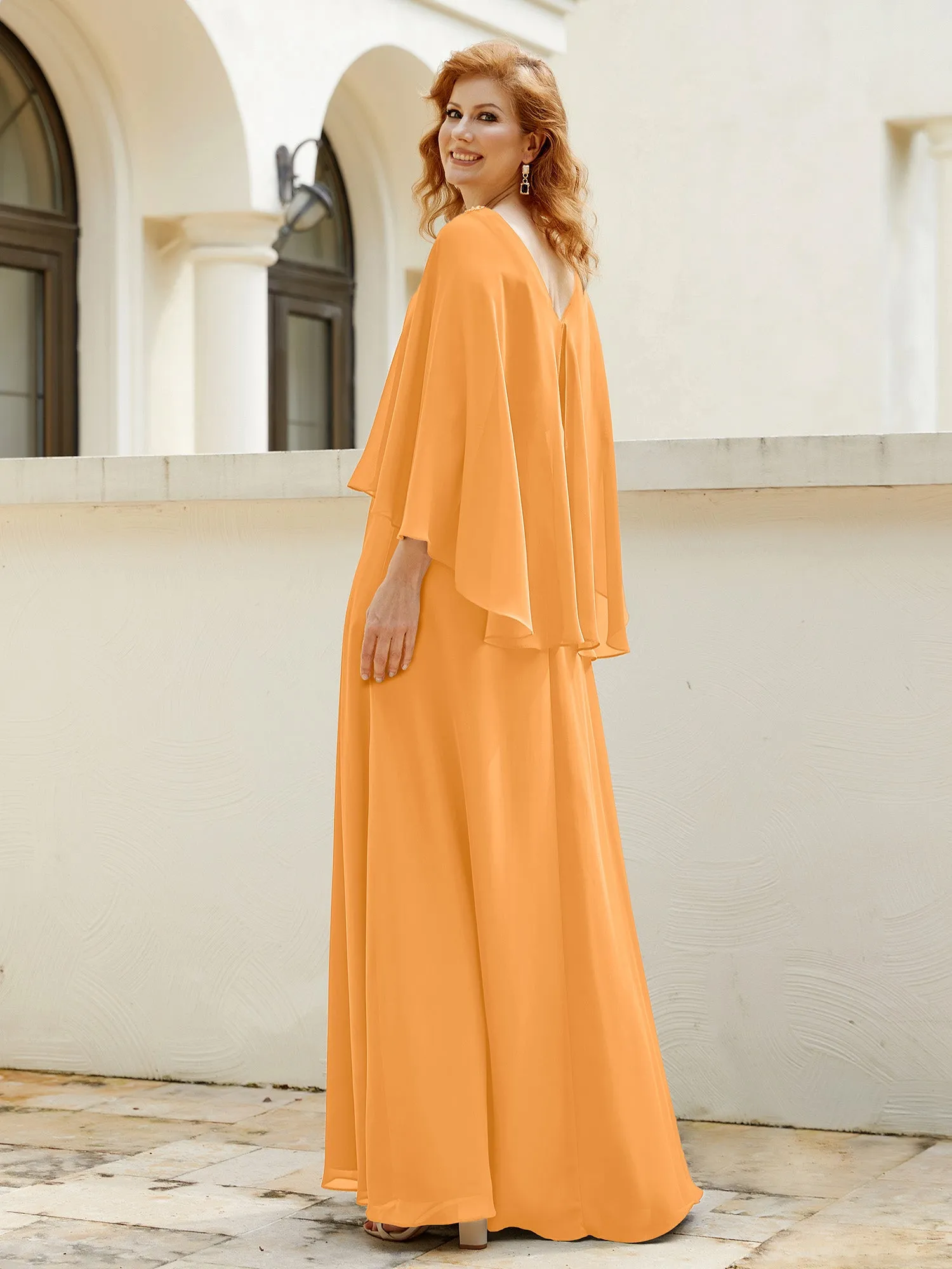 A-Line Flutter Cape Sleeves Dress with Beaded V-neck-Tangerine
