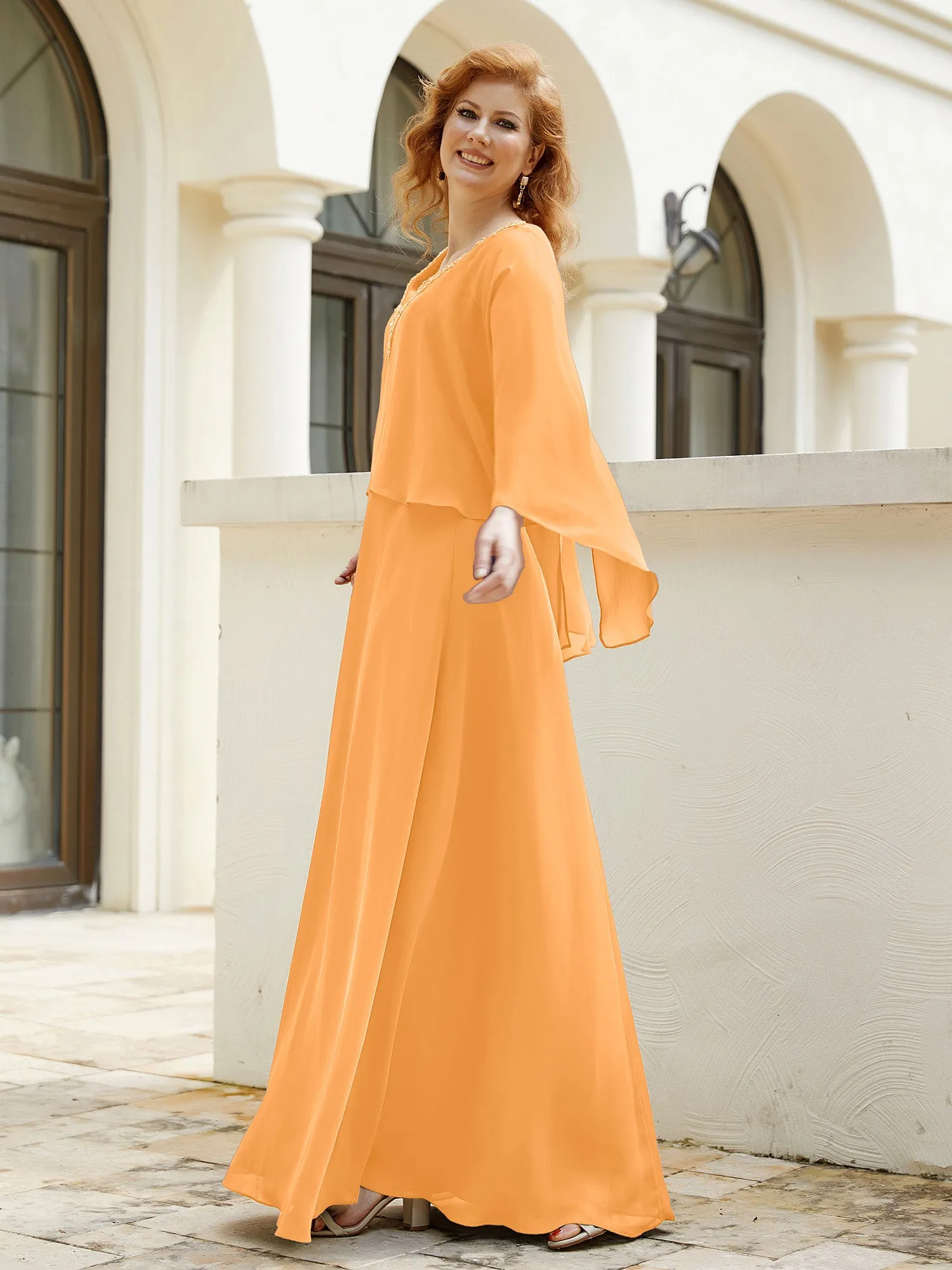 A-Line Flutter Cape Sleeves Dress with Beaded V-neck-Tangerine