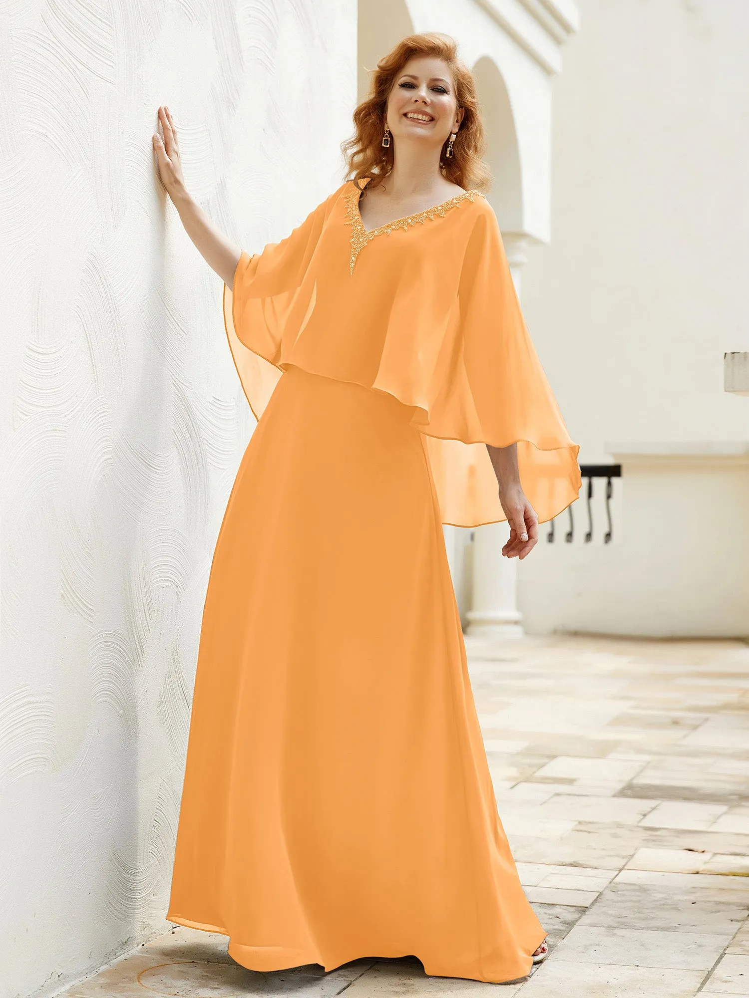 A-Line Flutter Cape Sleeves Dress with Beaded V-neck-Tangerine