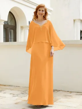 A-Line Flutter Cape Sleeves Dress with Beaded V-neck-Tangerine
