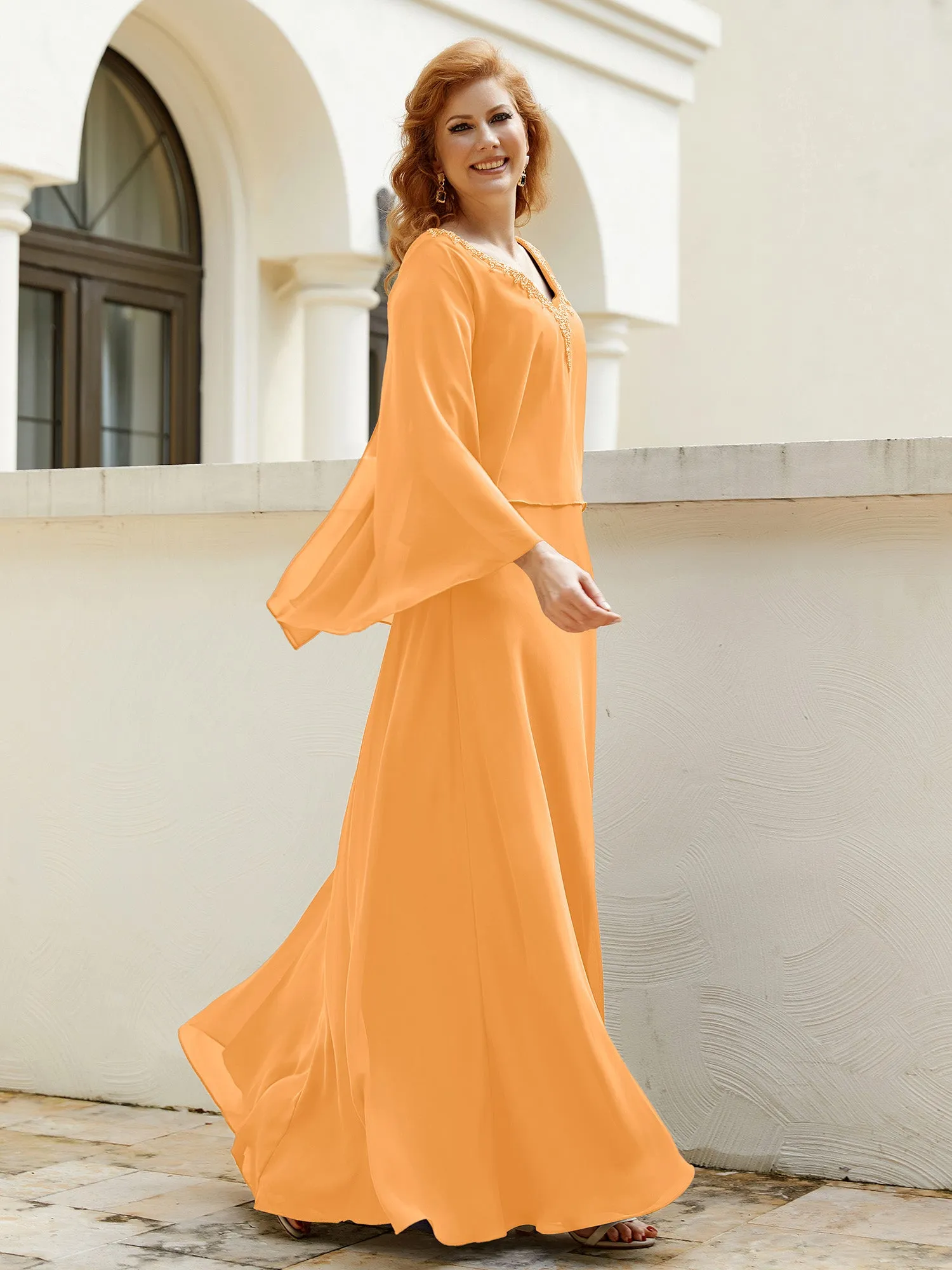 A-Line Flutter Cape Sleeves Dress with Beaded V-neck-Tangerine