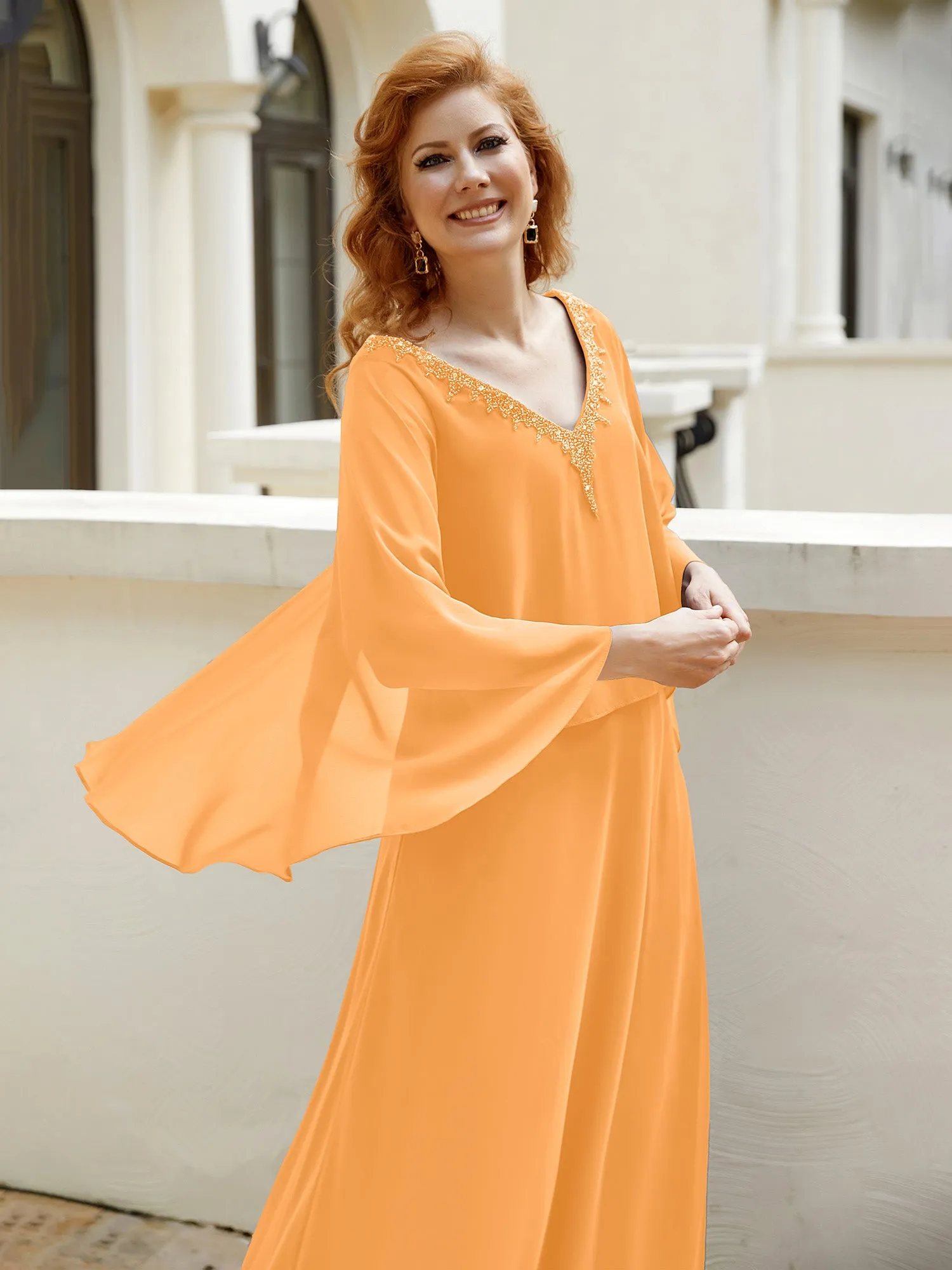 A-Line Flutter Cape Sleeves Dress with Beaded V-neck-Tangerine